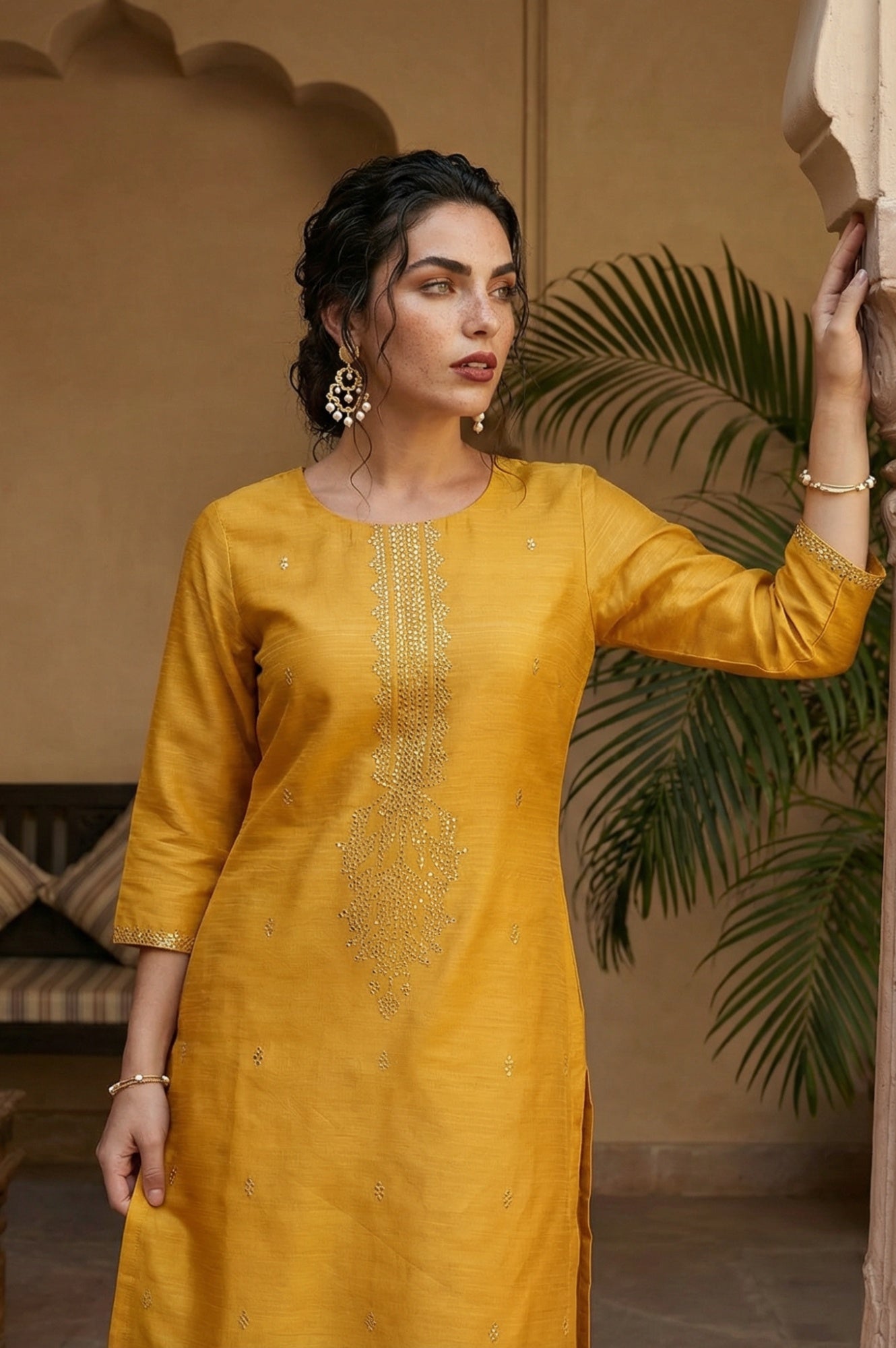 Mustard Karnatka Silk Mukaish Print kurta