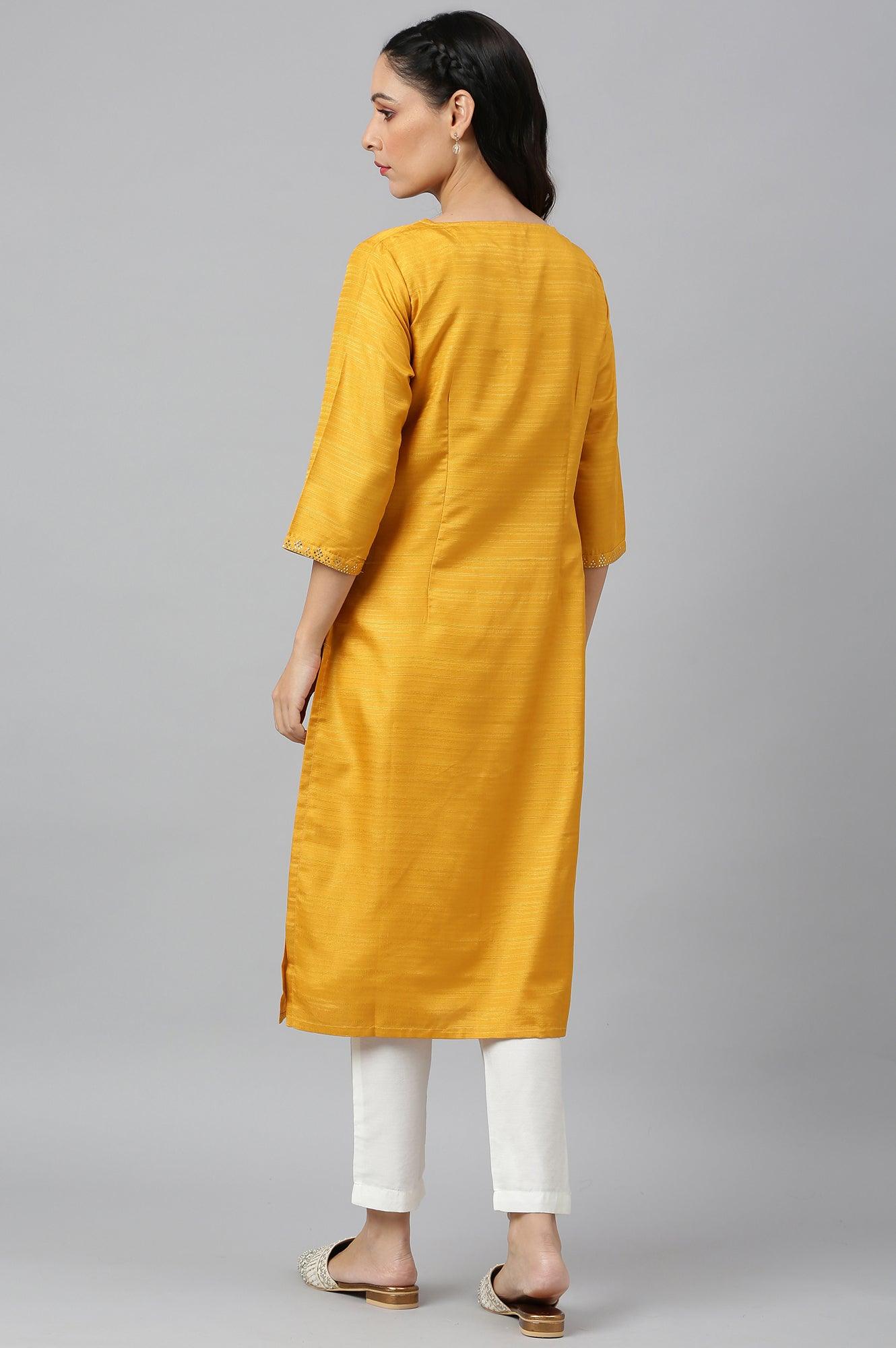 Mustard Karnatka Silk Mukaish Print kurta - wforwoman