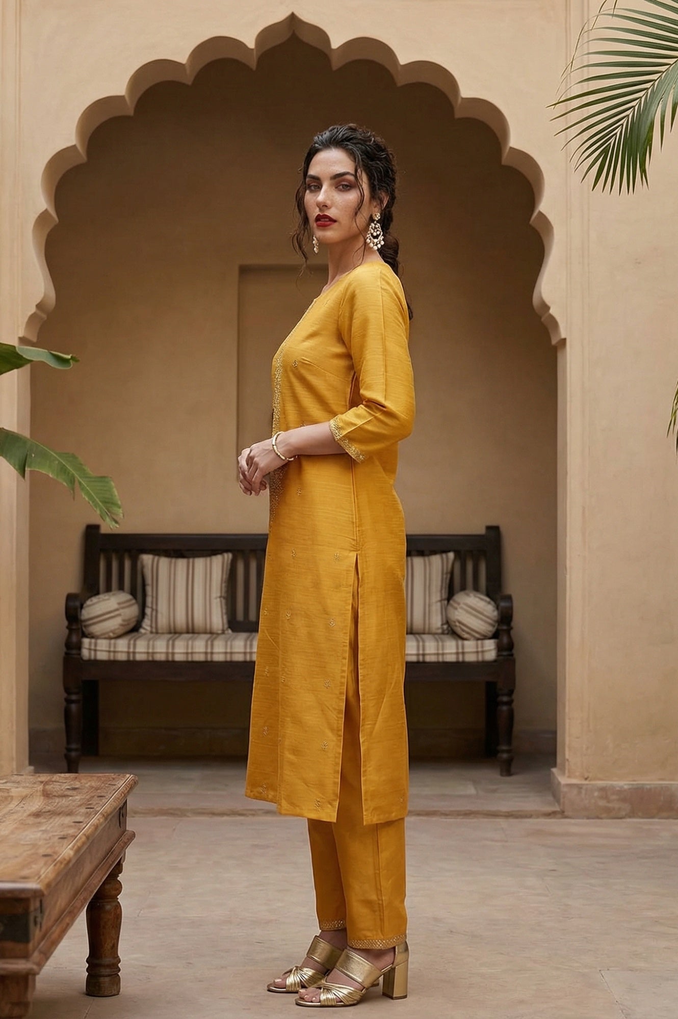 Mustard Karnatka Silk Mukaish Print kurta