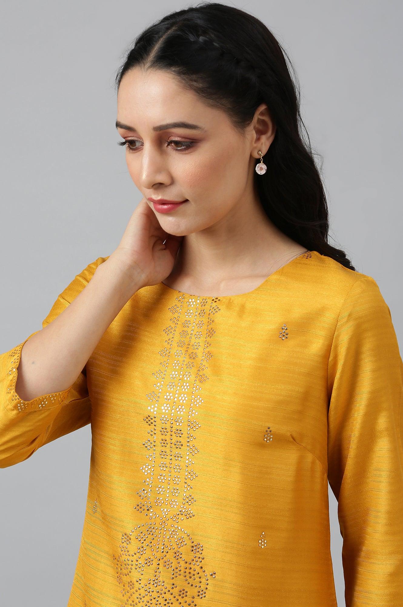 Mustard Karnatka Silk Mukaish Print kurta - wforwoman