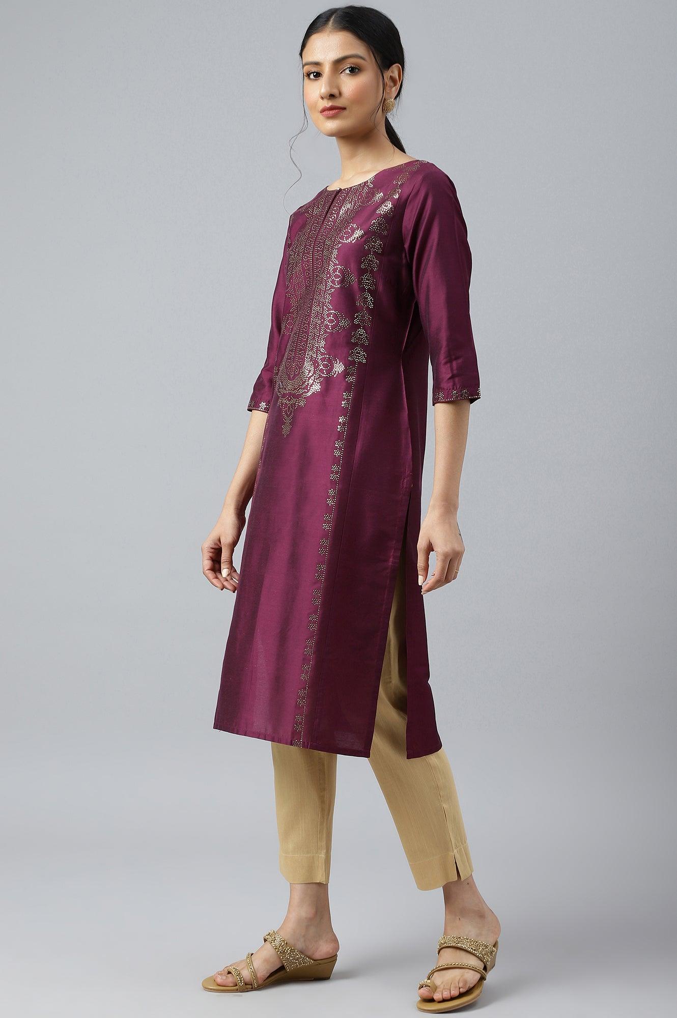 Dark Pink Mukaish Placement Print kurta - wforwoman