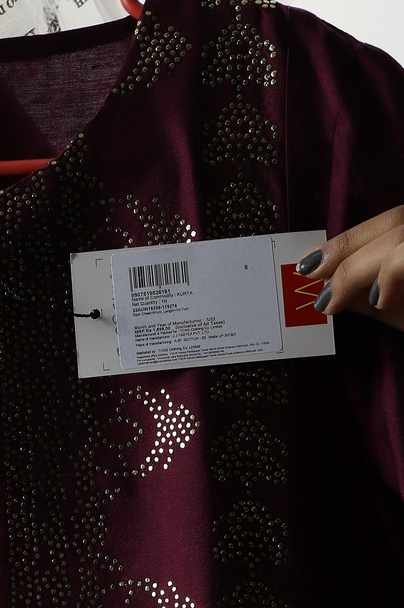 Dark Pink Mukaish Placement Print kurta - wforwoman