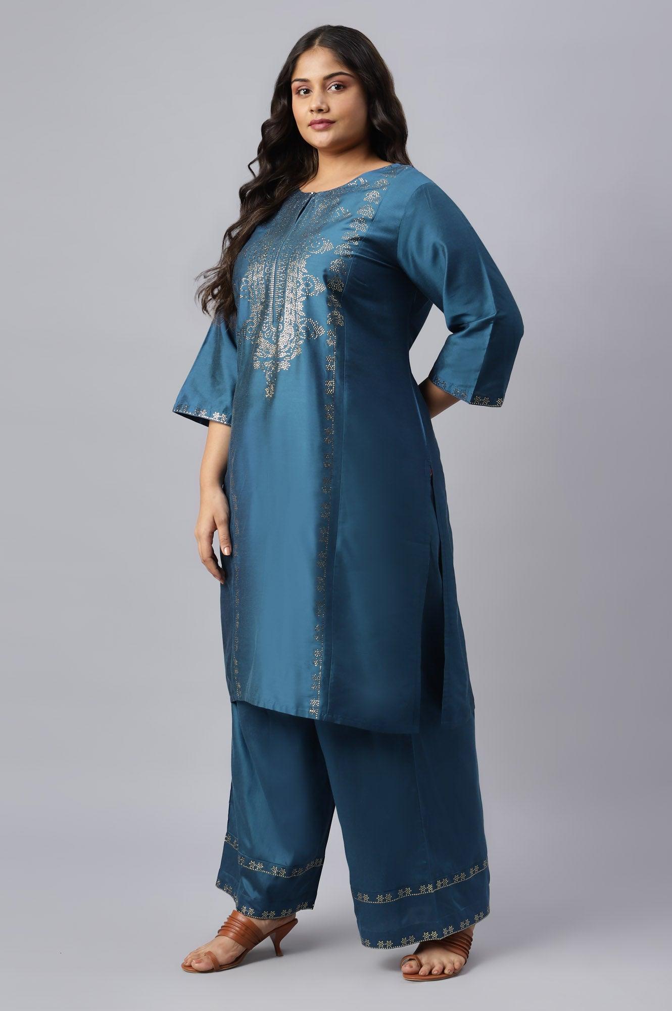 Plus Size Blue Mukaish Placement Print kurta - wforwoman