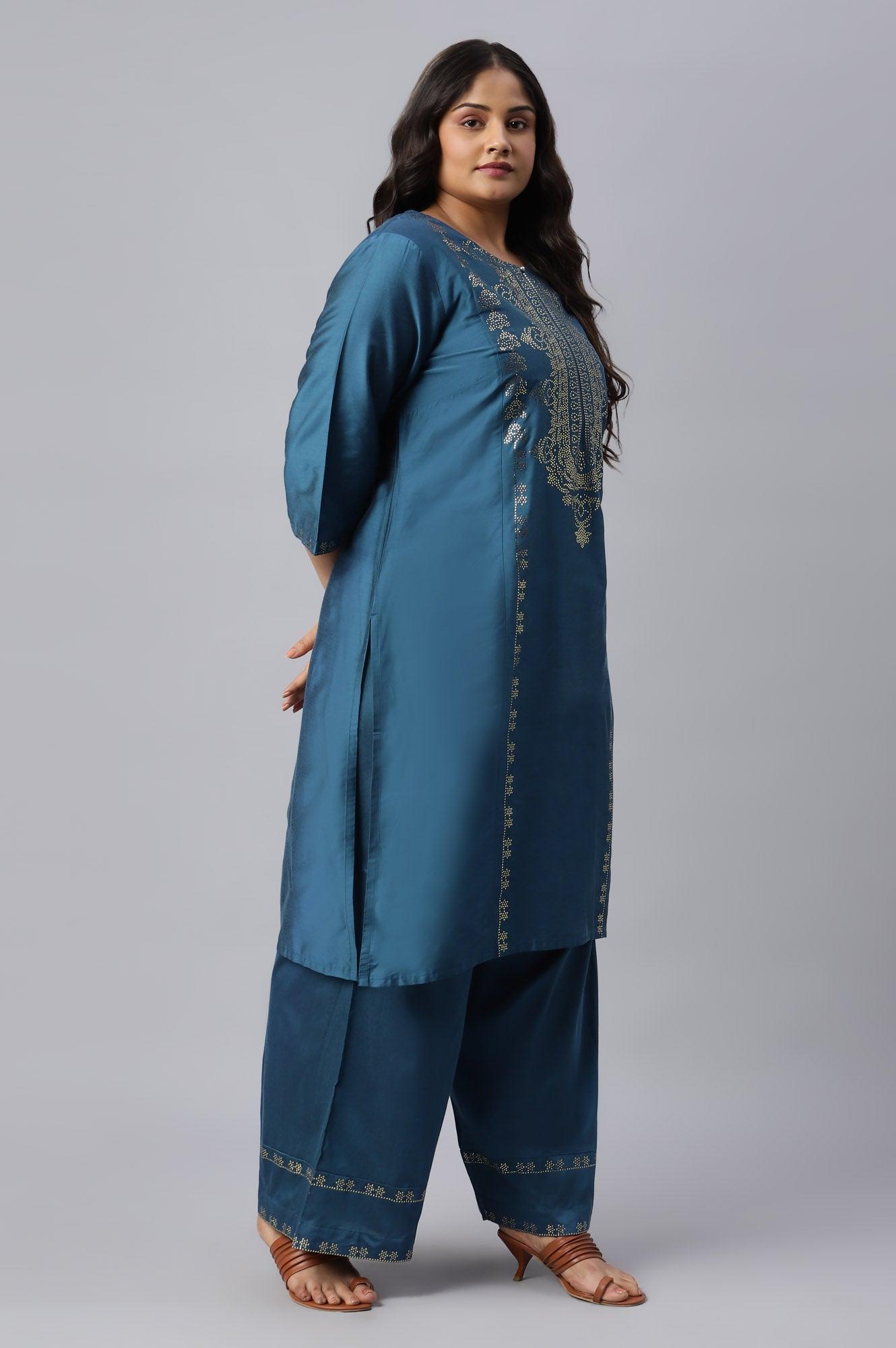 Plus Size Blue Mukaish Placement Print kurta - wforwoman