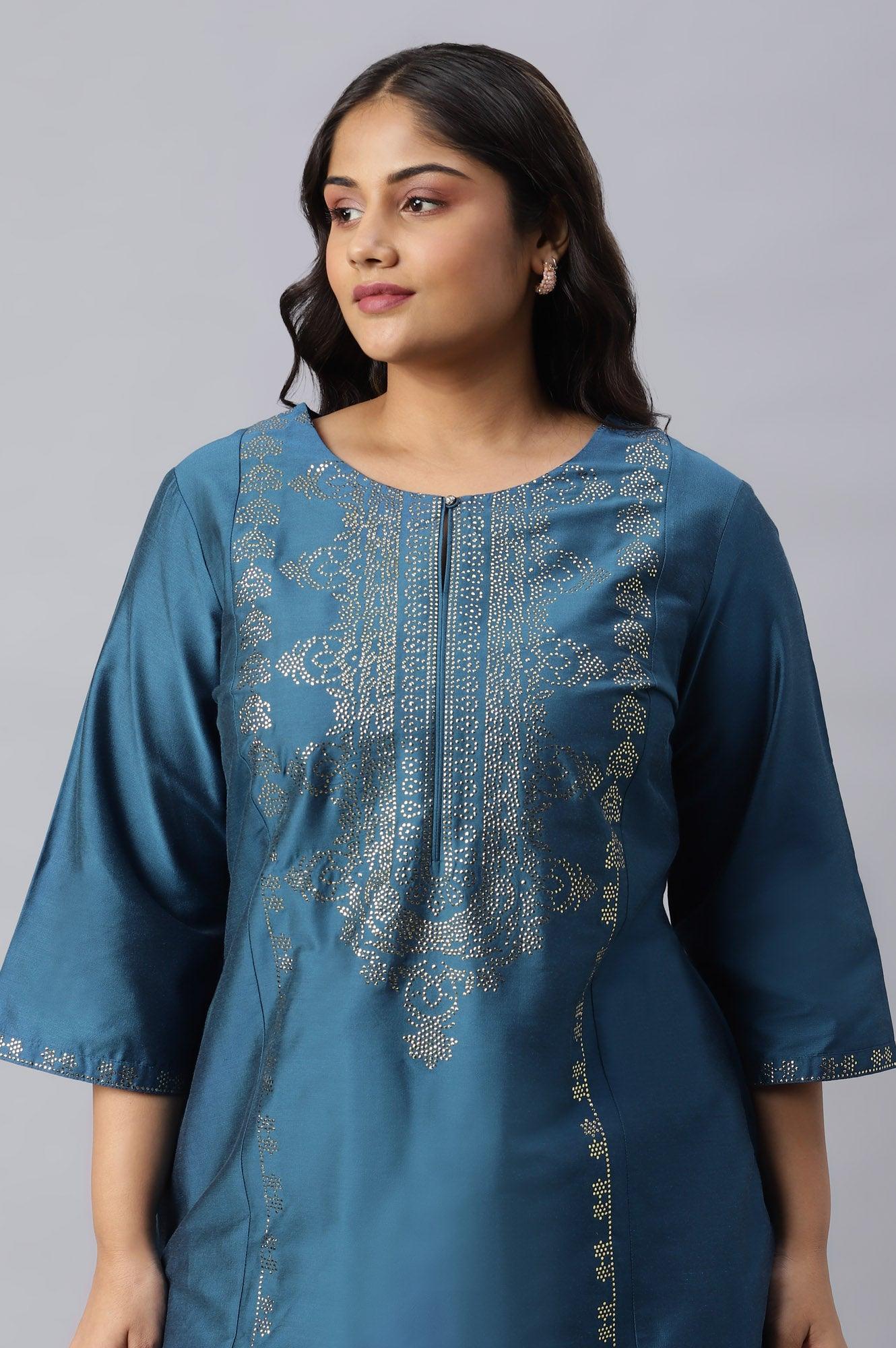Plus Size Blue Mukaish Placement Print kurta - wforwoman