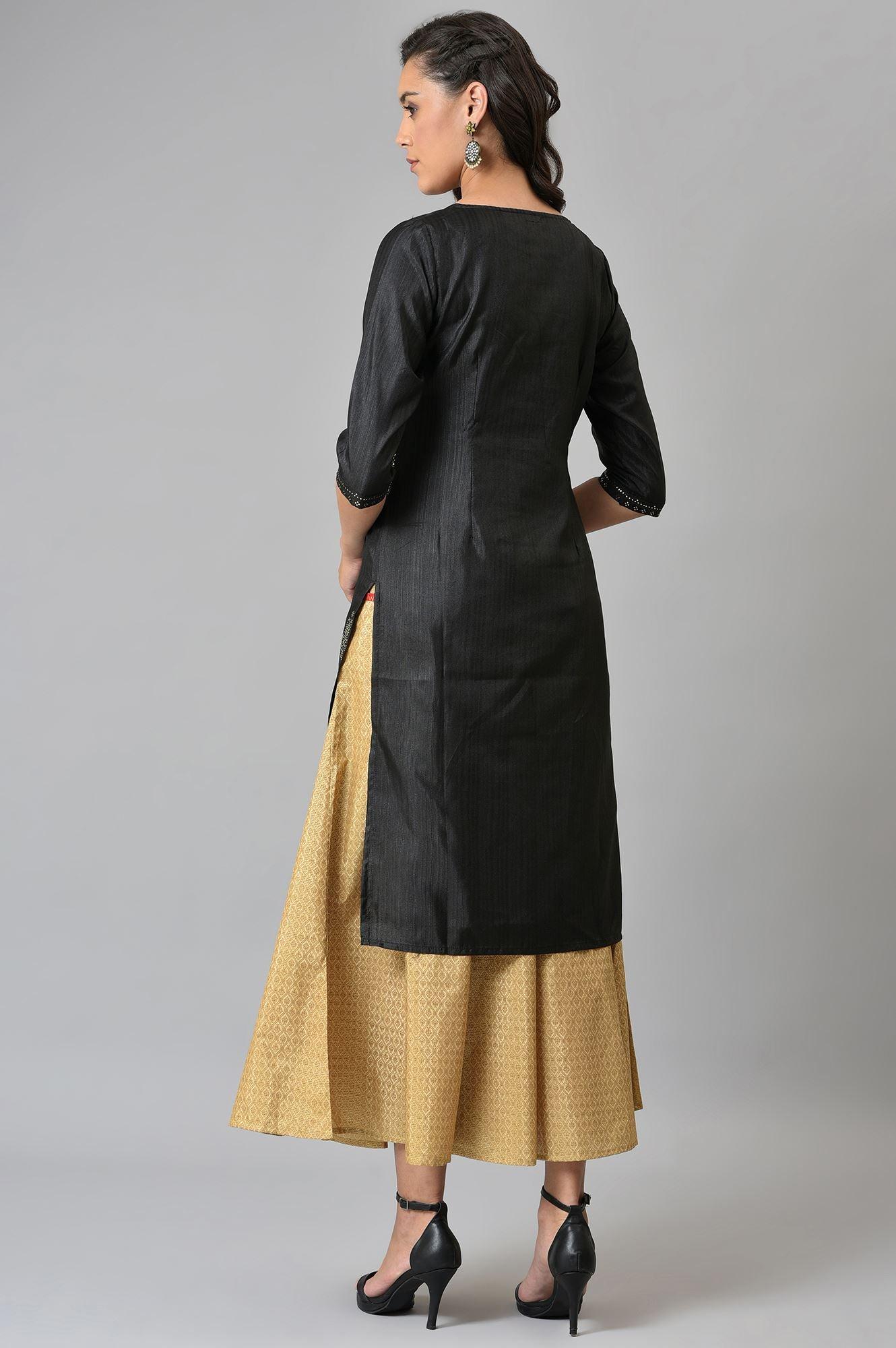 Black Mukaish Printed A-Line kurta - wforwoman