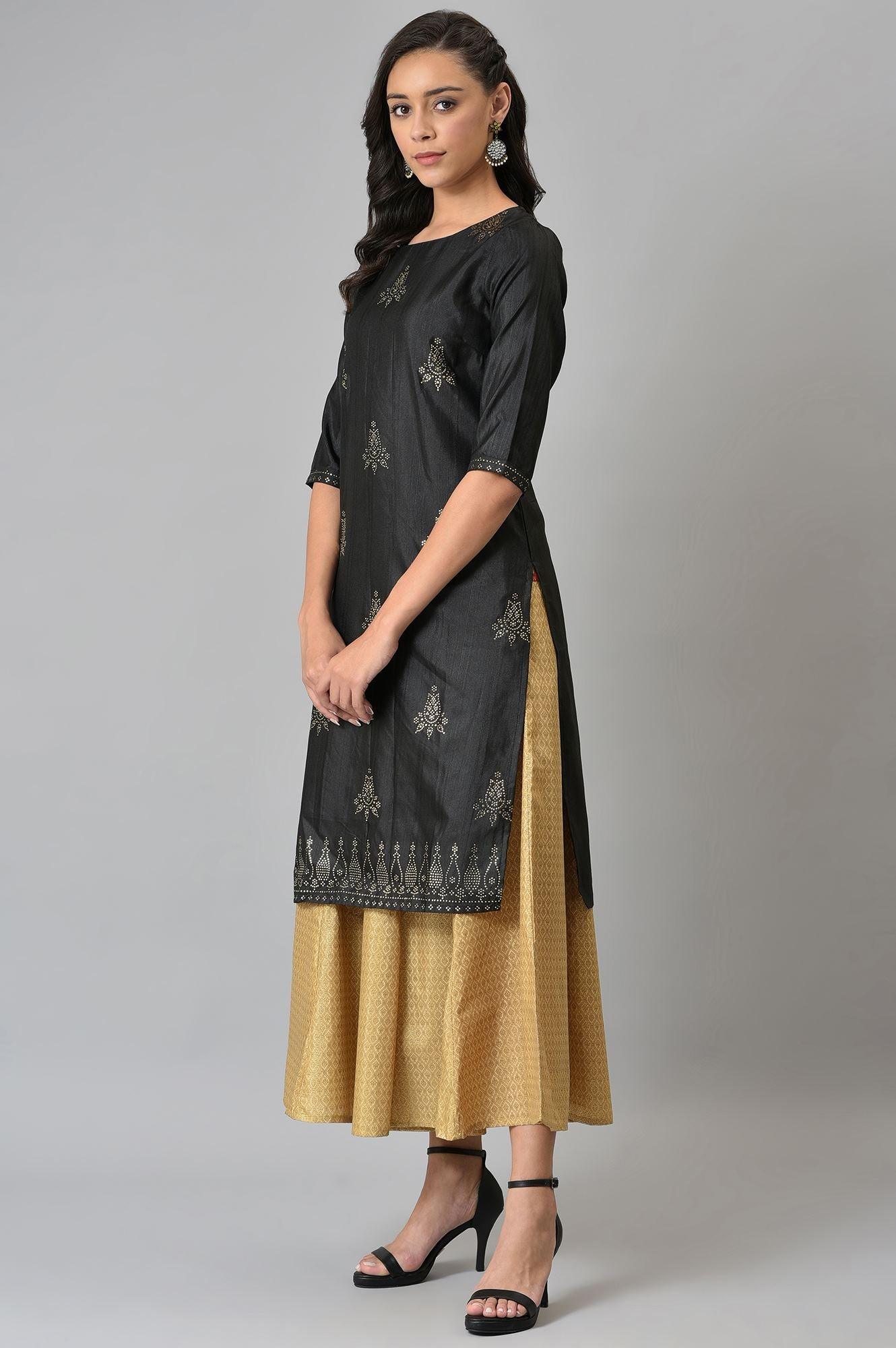 Black Mukaish Printed A-Line kurta - wforwoman