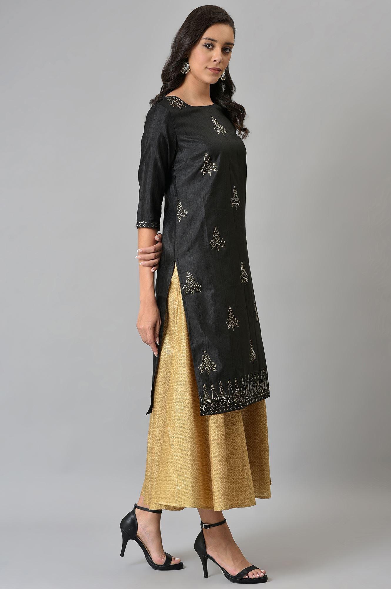 Black Mukaish Printed A-Line kurta - wforwoman