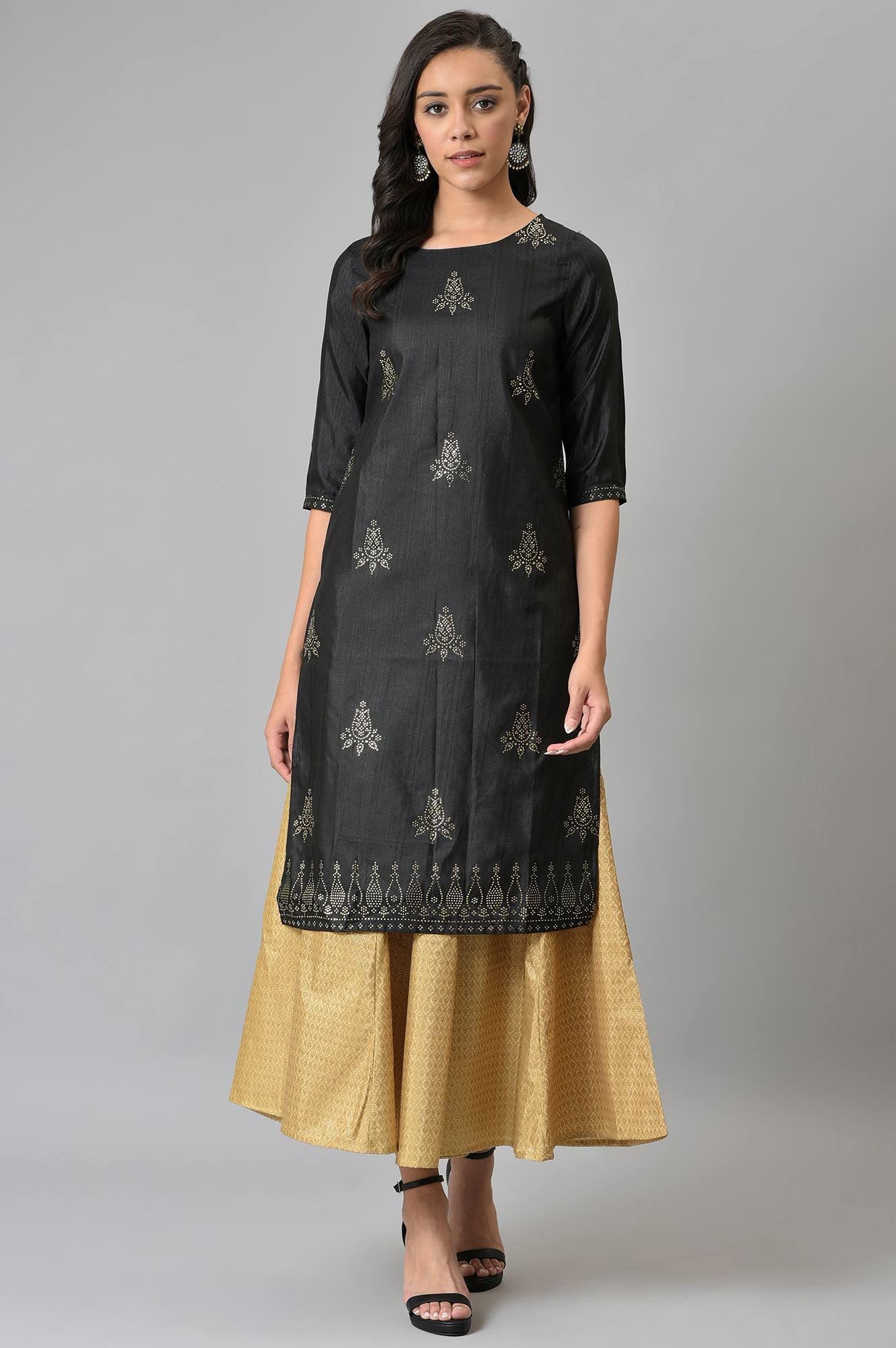 Black Mukaish Printed A-Line kurta - wforwoman