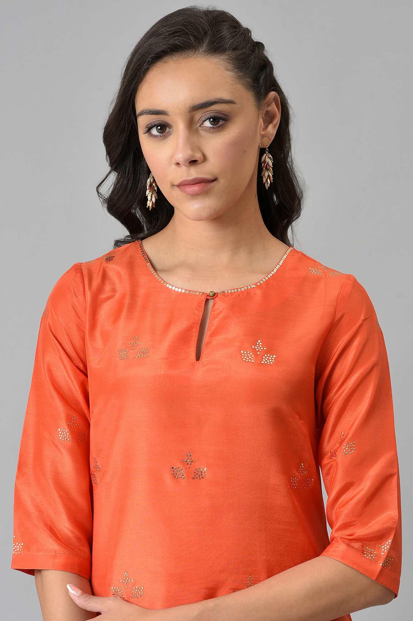 Orange Mukaish Printed kurta - wforwoman