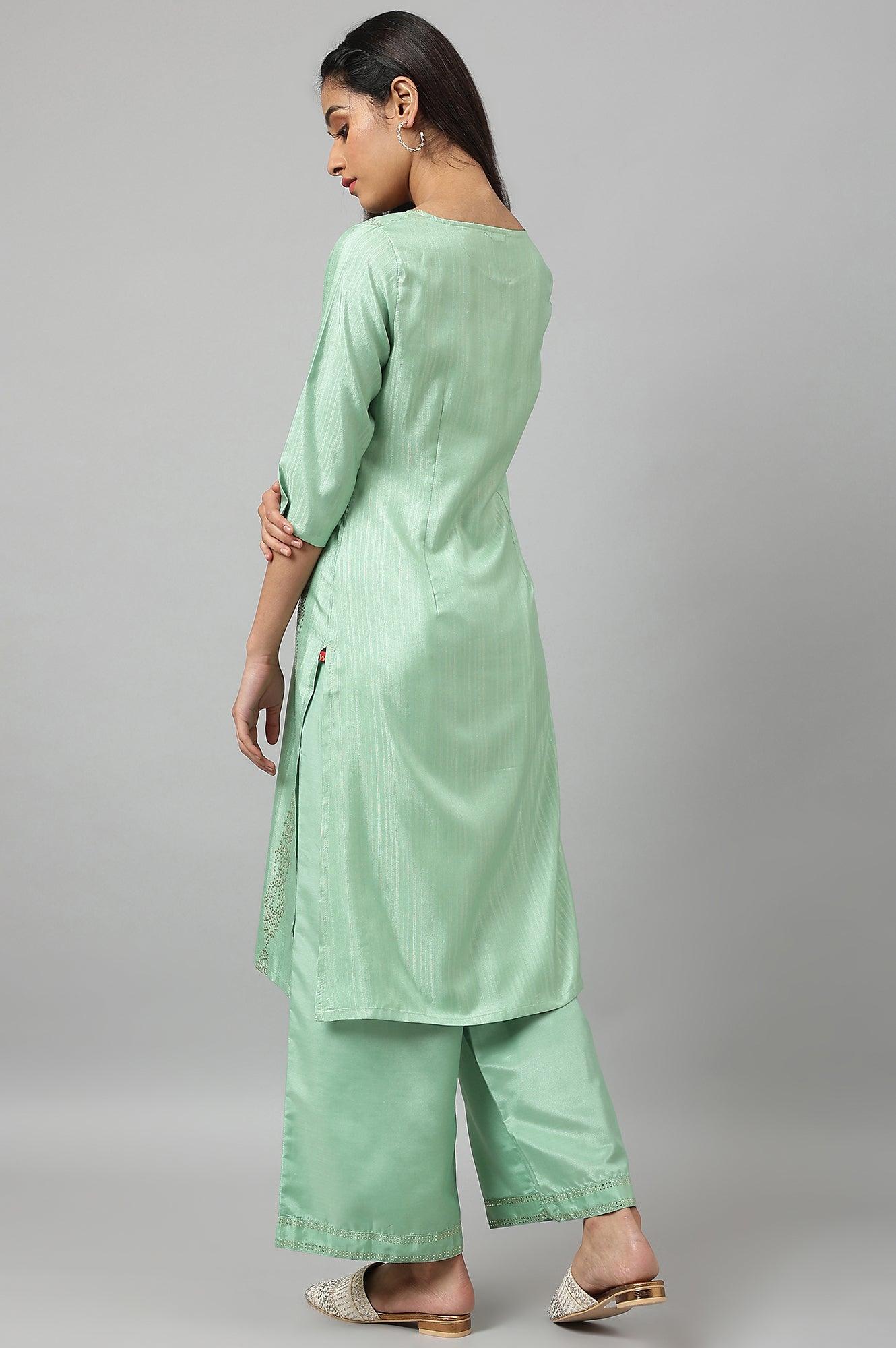 Pistachio Green Mukaish Printed kurta - wforwoman