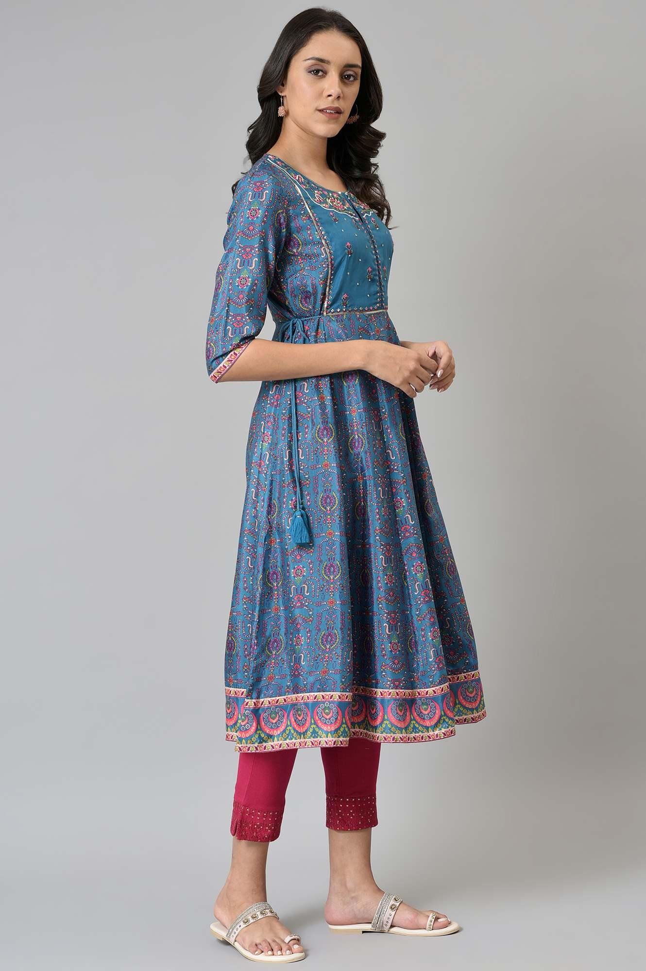 Deep Blue Printed And Embroidered kurta - wforwoman
