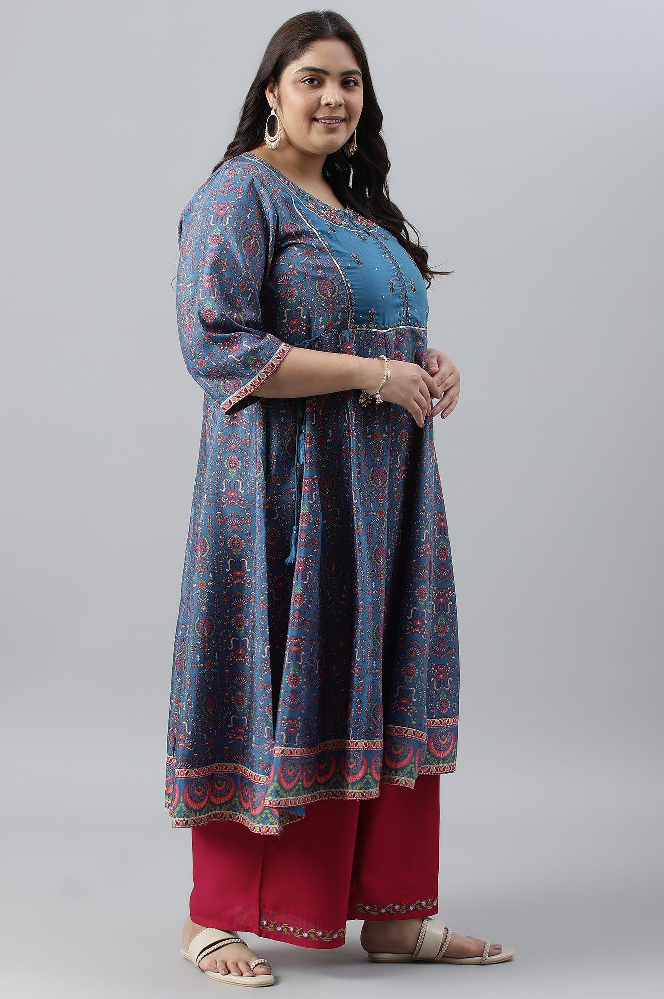 Deep Blue Printed And Embroidered Plus Size kurta - wforwoman