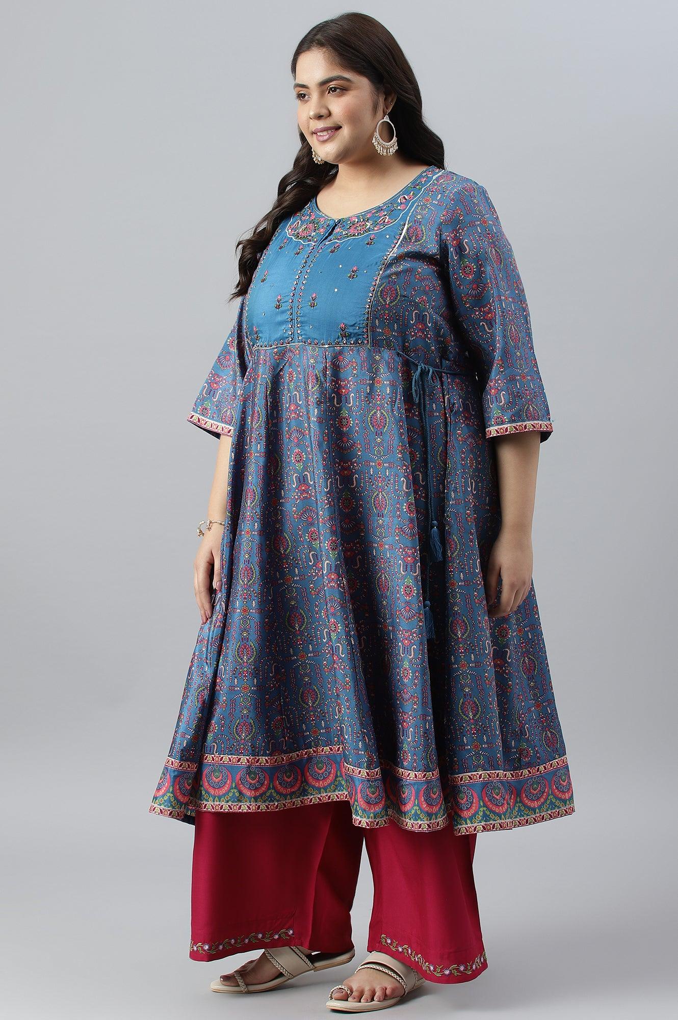 Deep Blue Printed And Embroidered Plus Size kurta - wforwoman