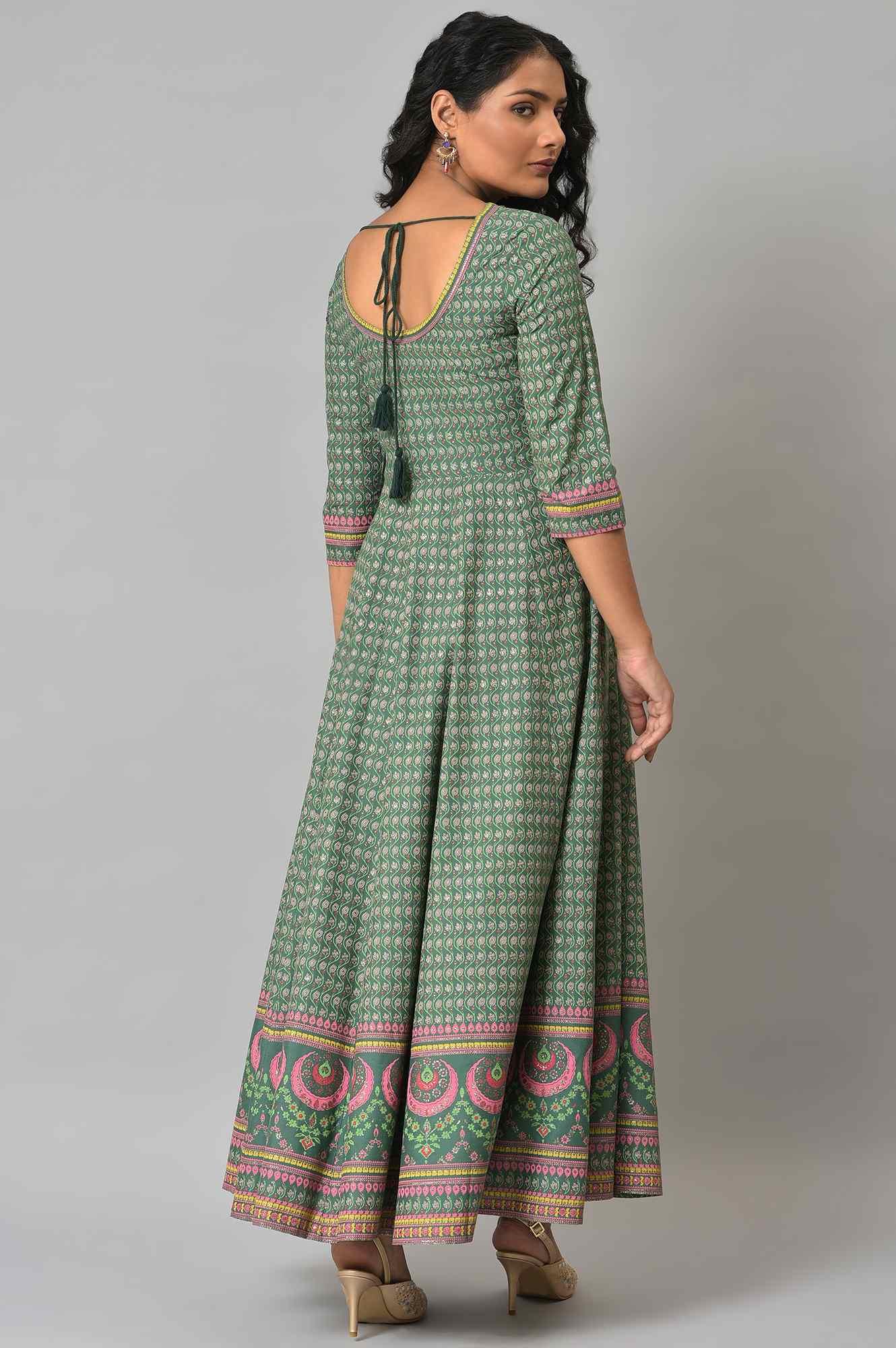 Leaf Green Glitter Printed Kalidar Dress - wforwoman