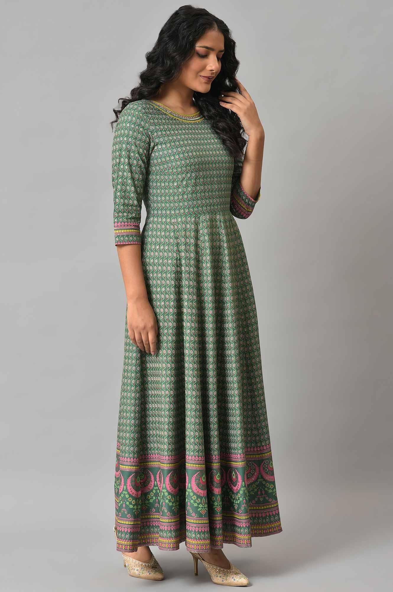 Leaf Green Glitter Printed Kalidar Dress - wforwoman