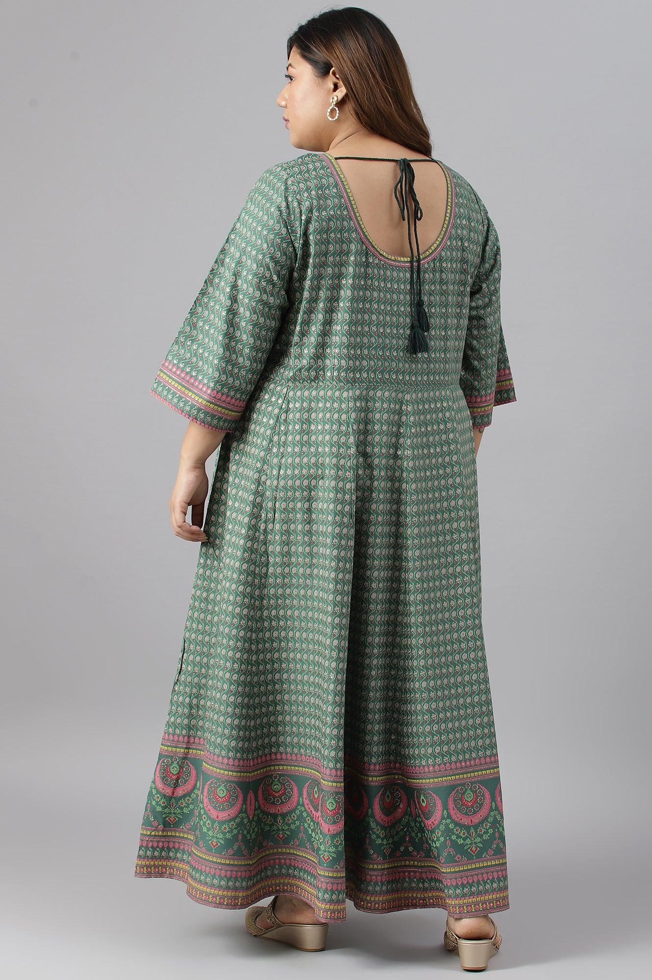 Leaf Green Glitter Printed Kalidar Plus Size Dress - wforwoman