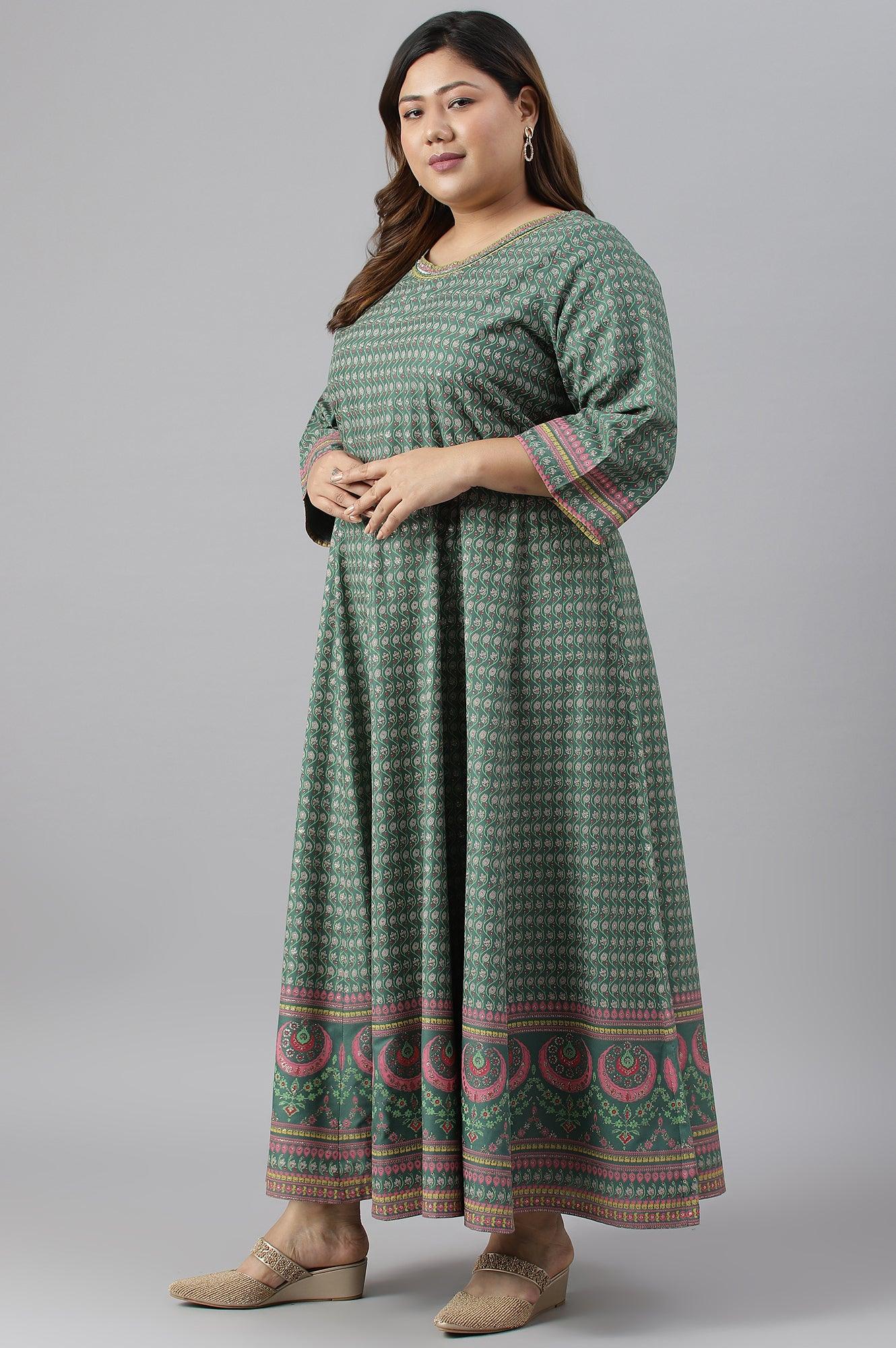 Leaf Green Glitter Printed Kalidar Plus Size Dress - wforwoman