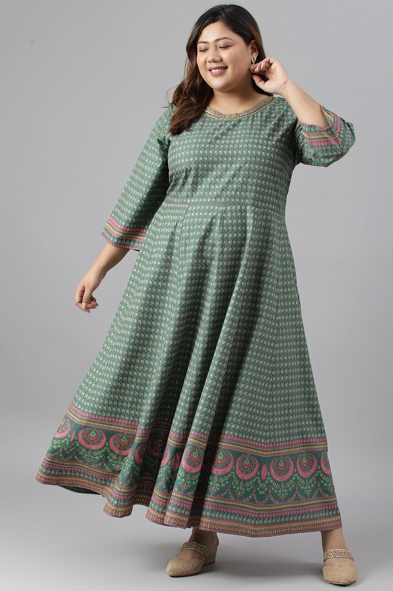 Leaf Green Glitter Printed Kalidar Plus Size Dress - wforwoman