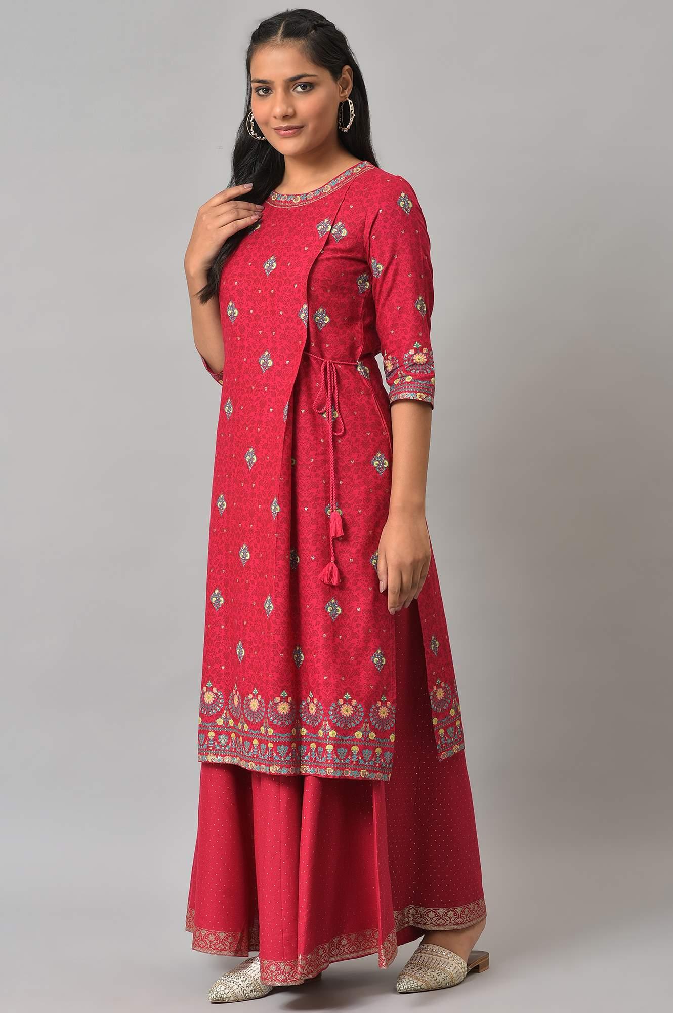 Fuchsia Pink Floral Printed kurta With Sequins - wforwoman