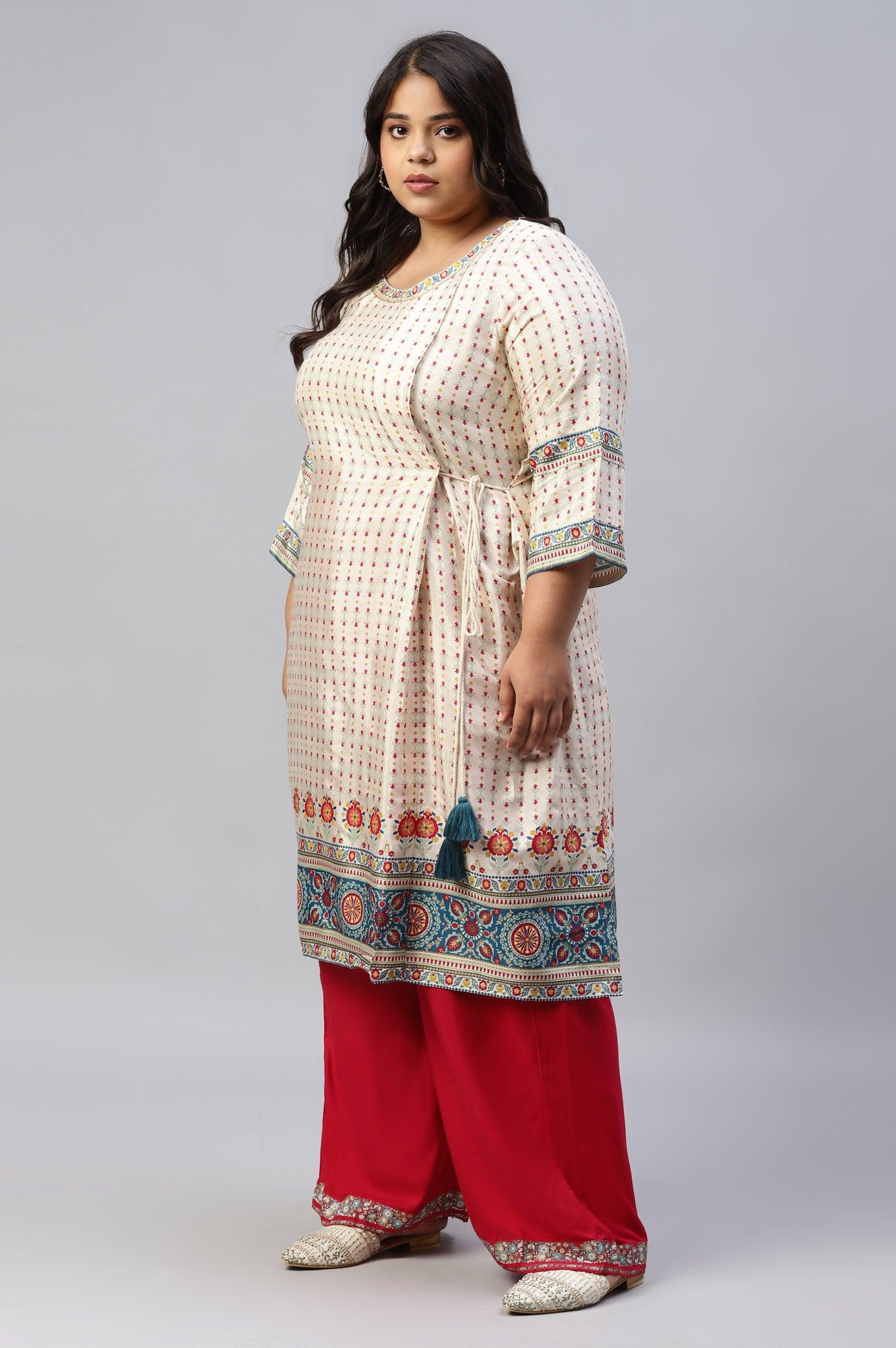 Ecru Floral Printed Sequined Plus Size kurta - wforwoman