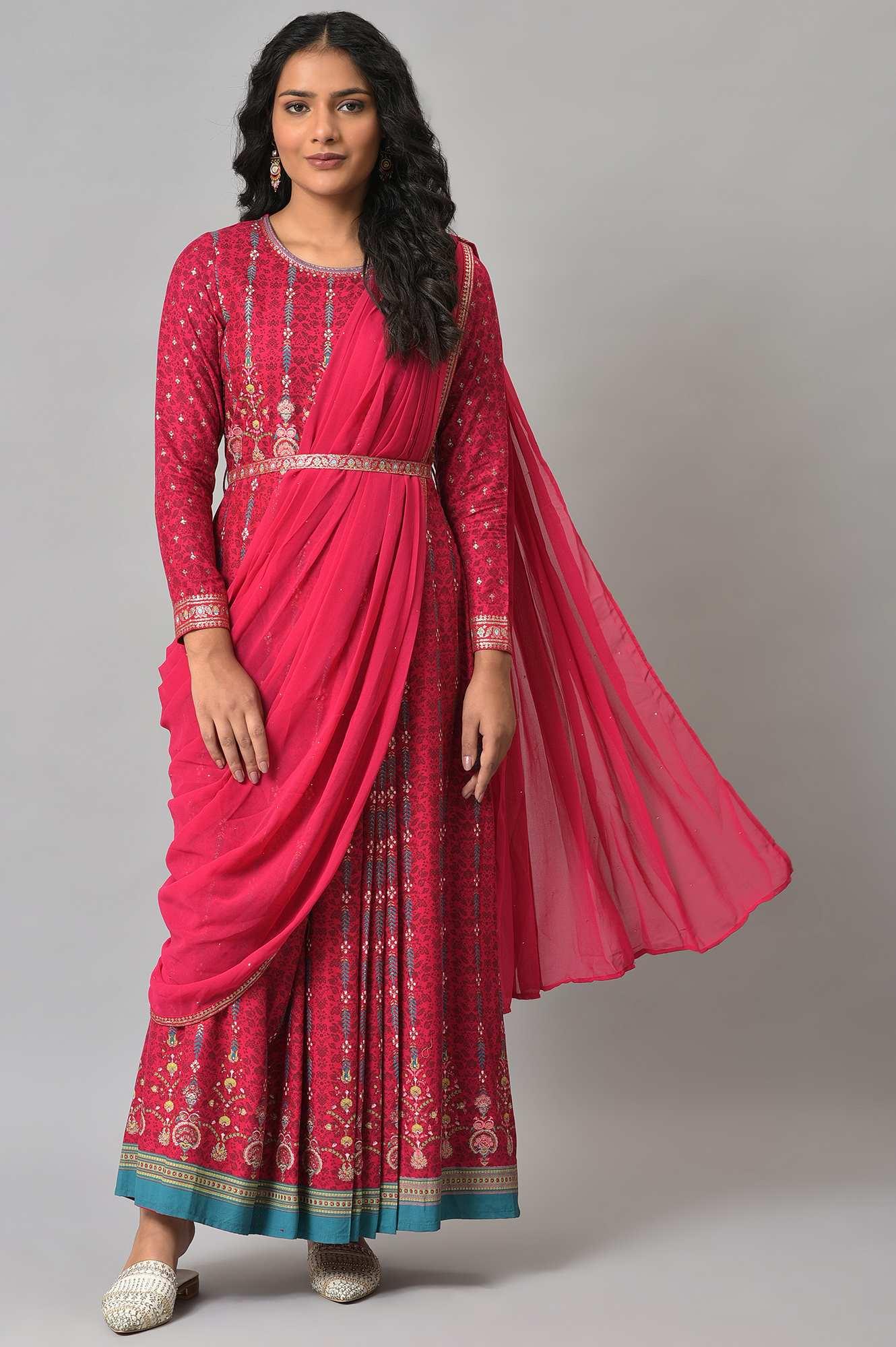 Buy Dark Pink Glitter Printed Pre-drape Saree Dress Online for Woman | WforWoman Buy Dark Pink Glitter Printed Pre-drape Saree Dress Online for Woman | WforWoman
