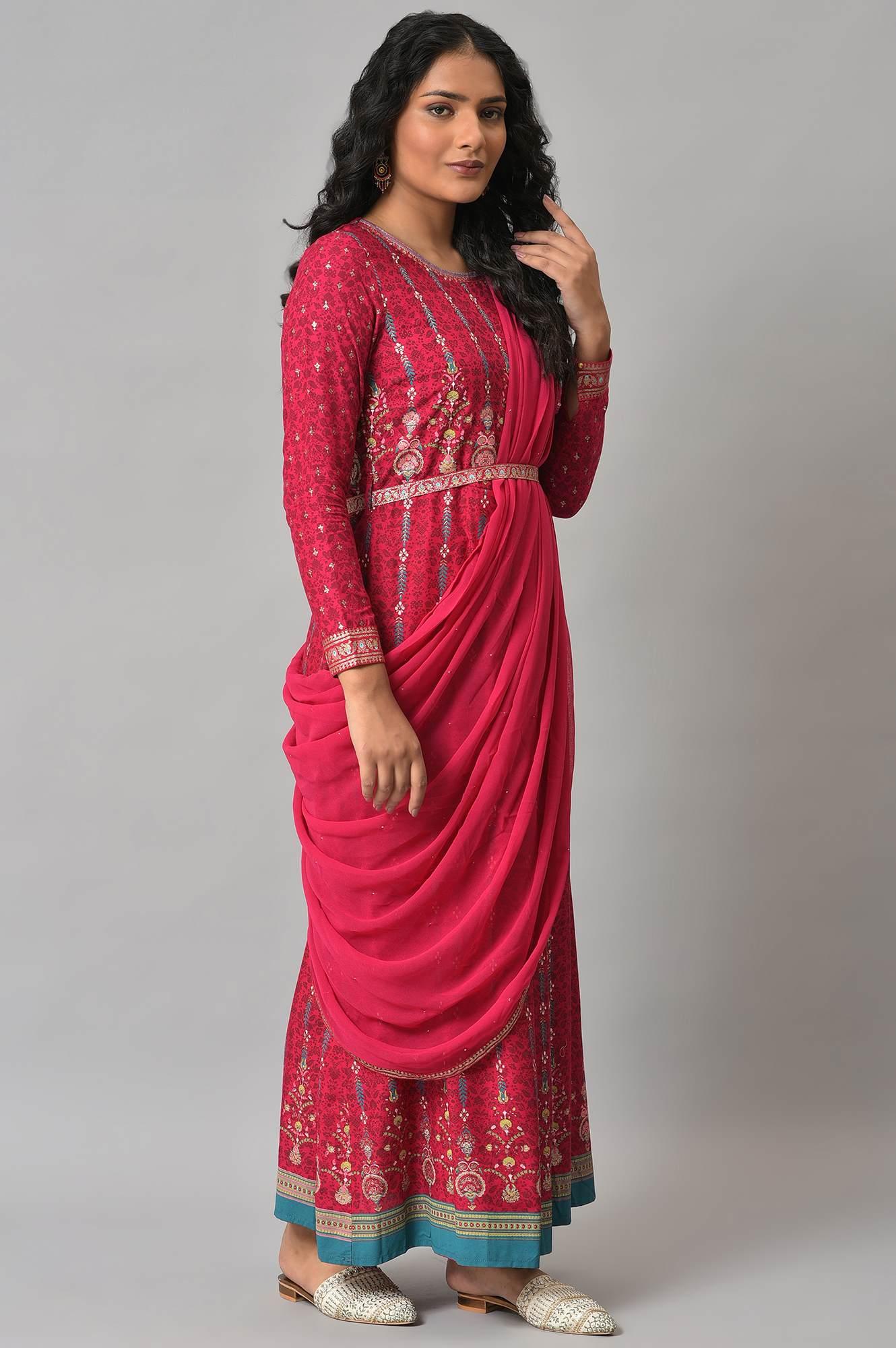 Dark Pink Glitter Printed Insta Saree Dress - wforwoman
