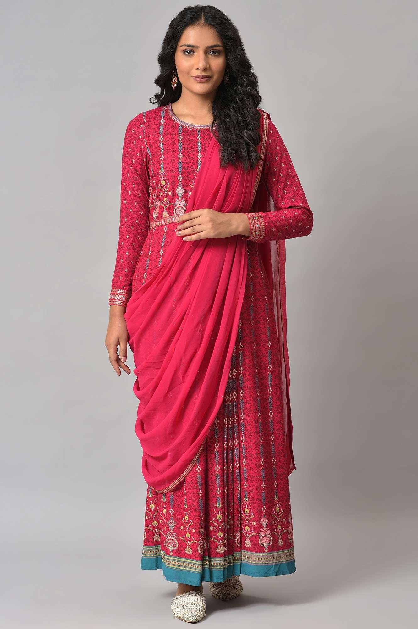 Dark Pink Glitter Printed Insta Saree Dress - wforwoman