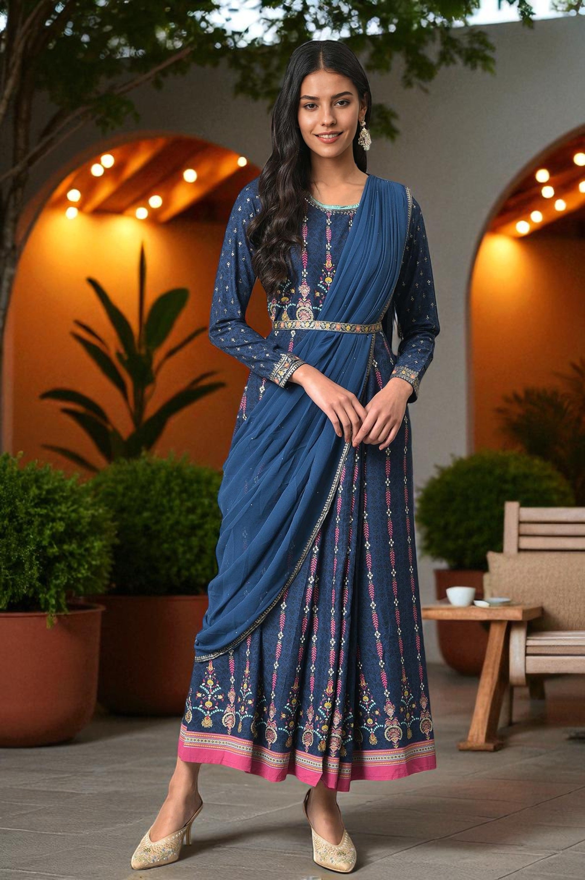Dark Blue Glitter Printed Insta Saree Dress