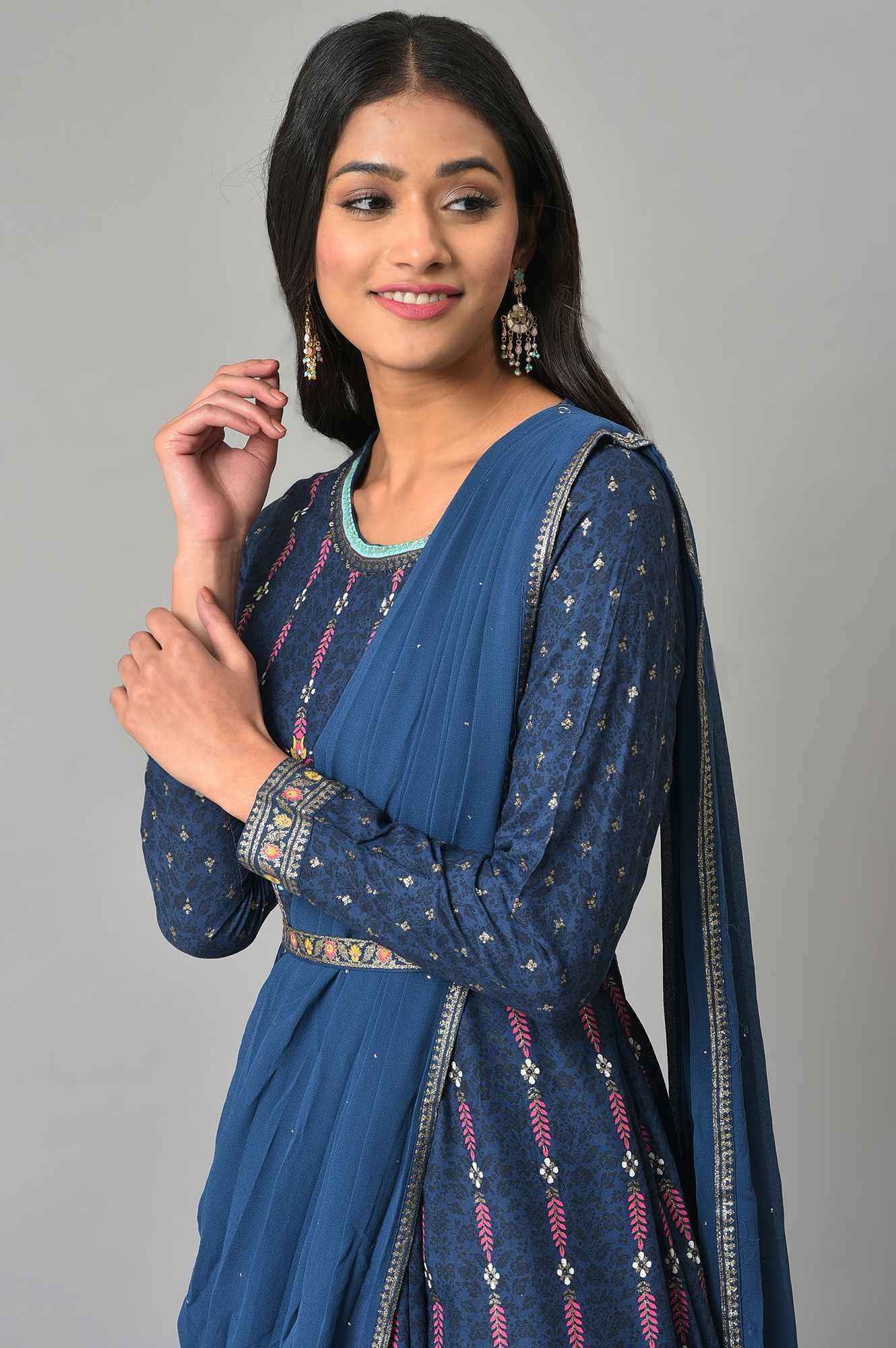 Dark Blue Glitter Printed Insta Saree Dress - wforwoman
