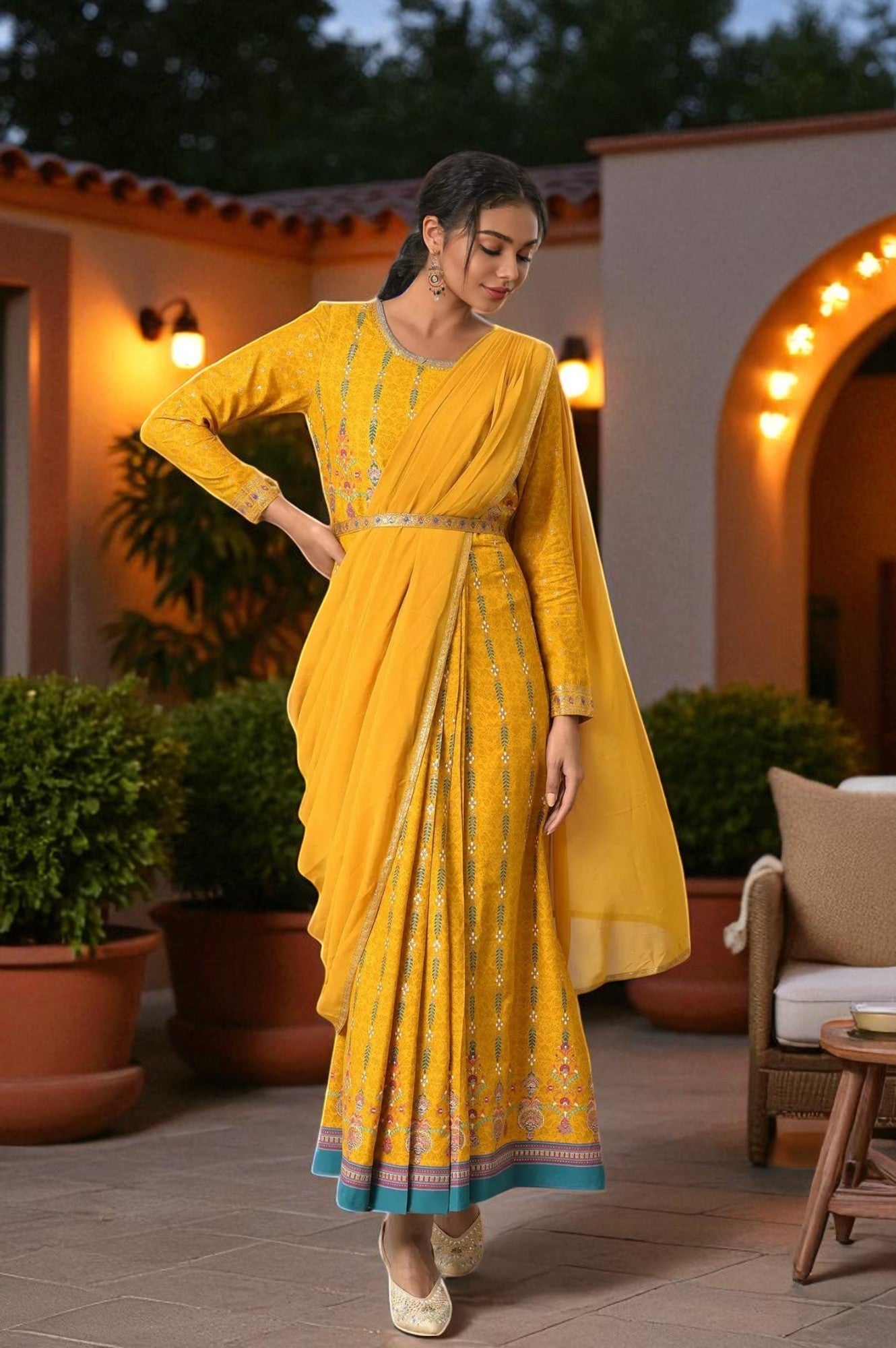 Buy Yellow Glitter Printed Festive Pre-drape Saree Dress with Belt Online for Woman | WforWoman Buy Yellow Glitter Printed Festive Pre-drape Saree Dress with Belt Online for Woman | WforWoman