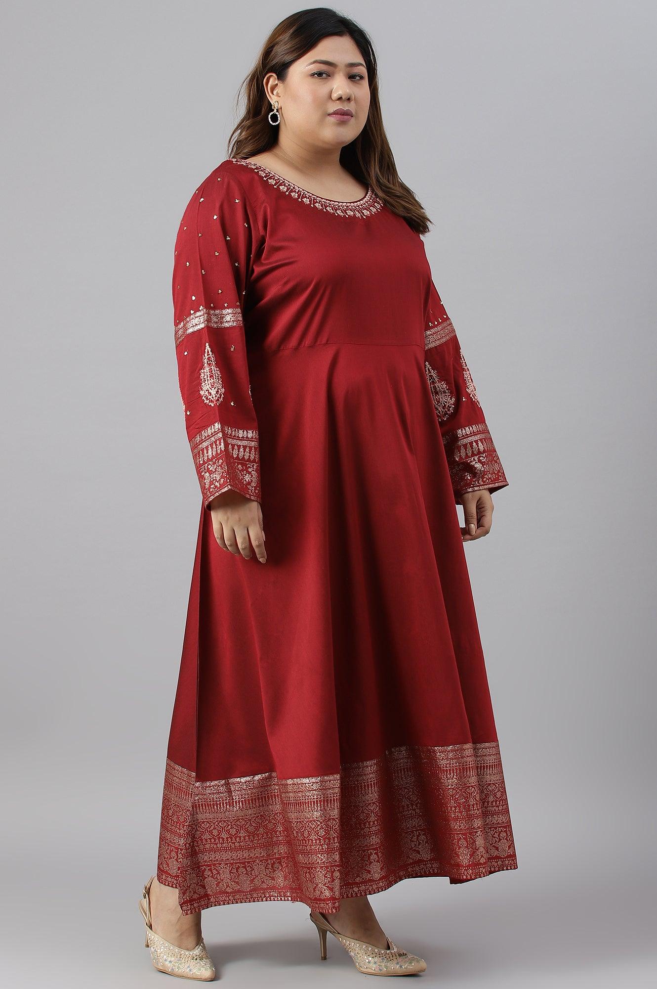 Maroon Festive Plus Size Gown With Embroidery On Neck And Sleeves - wforwoman