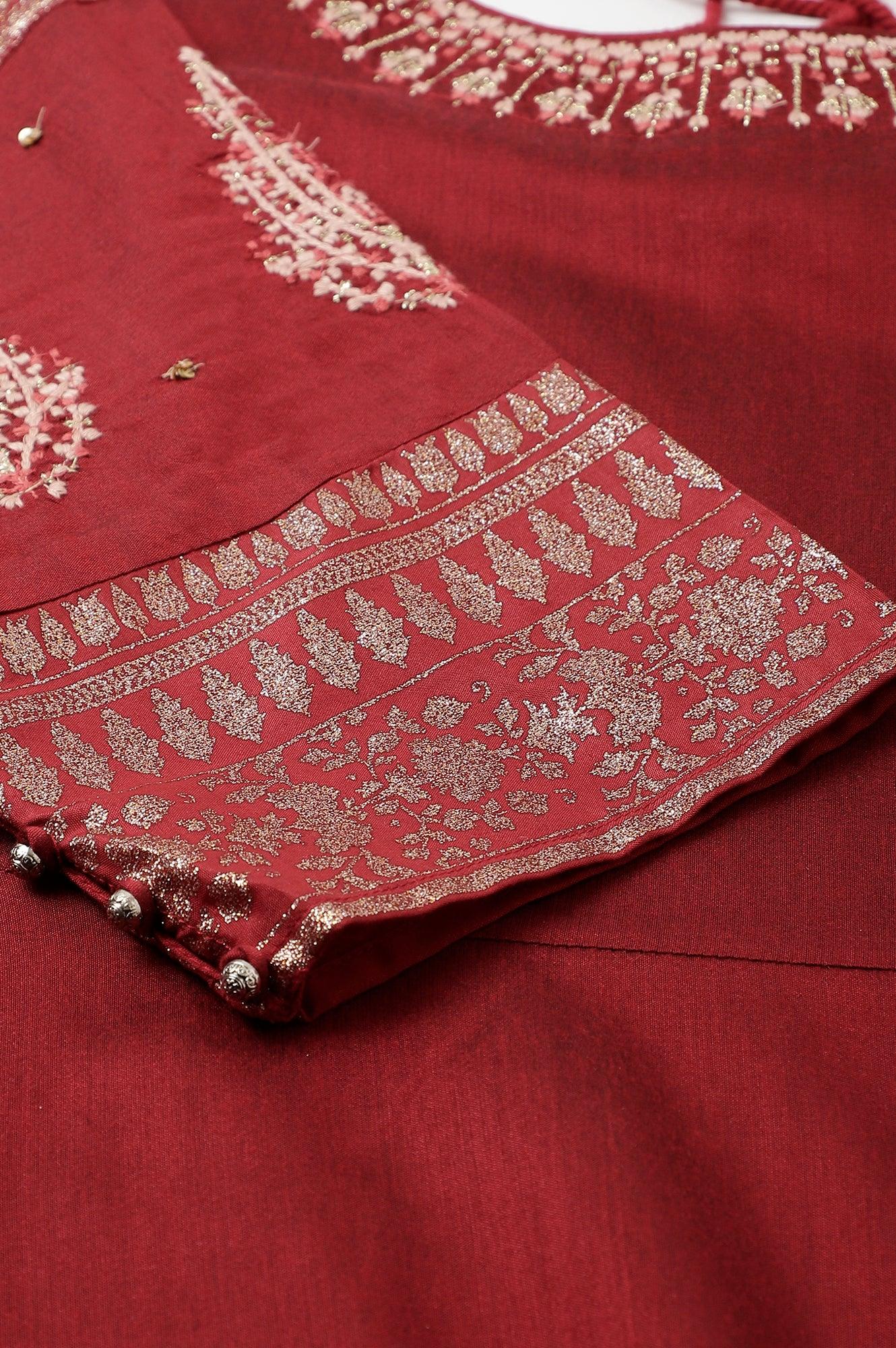 Maroon Festive Plus Size Gown With Embroidery On Neck And Sleeves - wforwoman