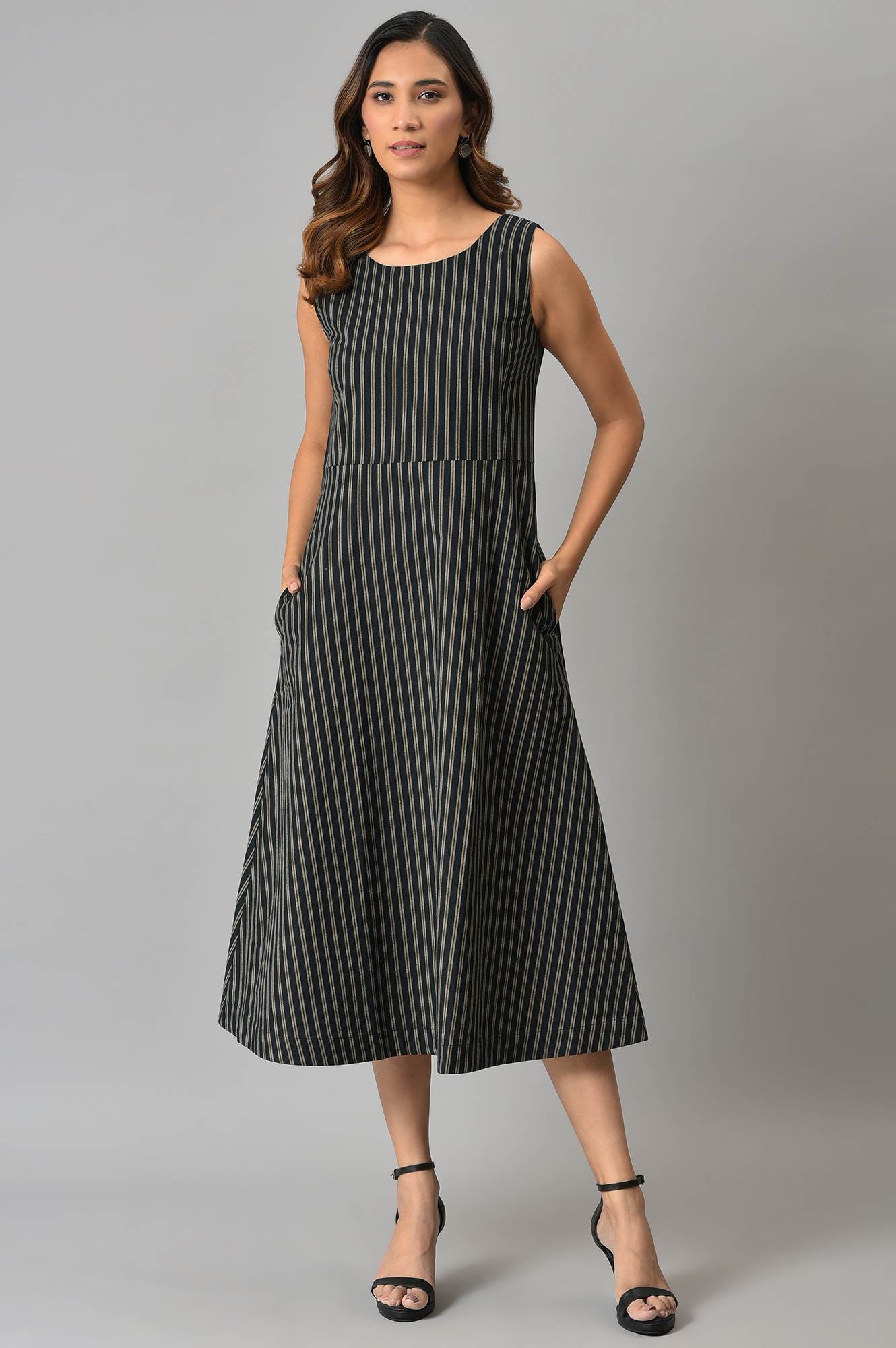 Buy Black Striped Long Sleeveless Dress Online for Woman | WforWoman