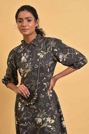 Black Floral Printed Shirt Dress With Floral Embroidery - wforwoman
