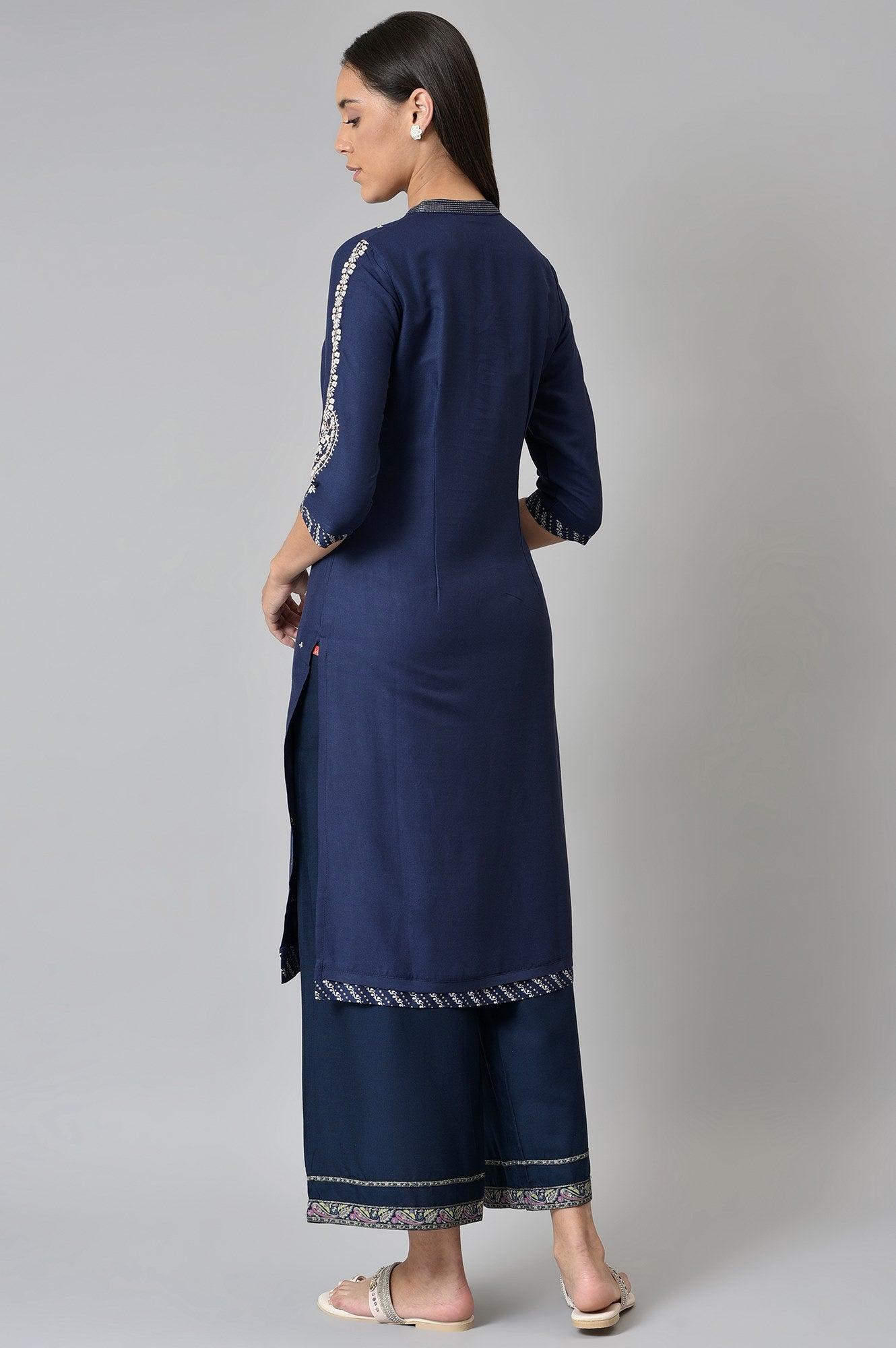 Blue Metallic Embroidered Button Down kurta - wforwoman