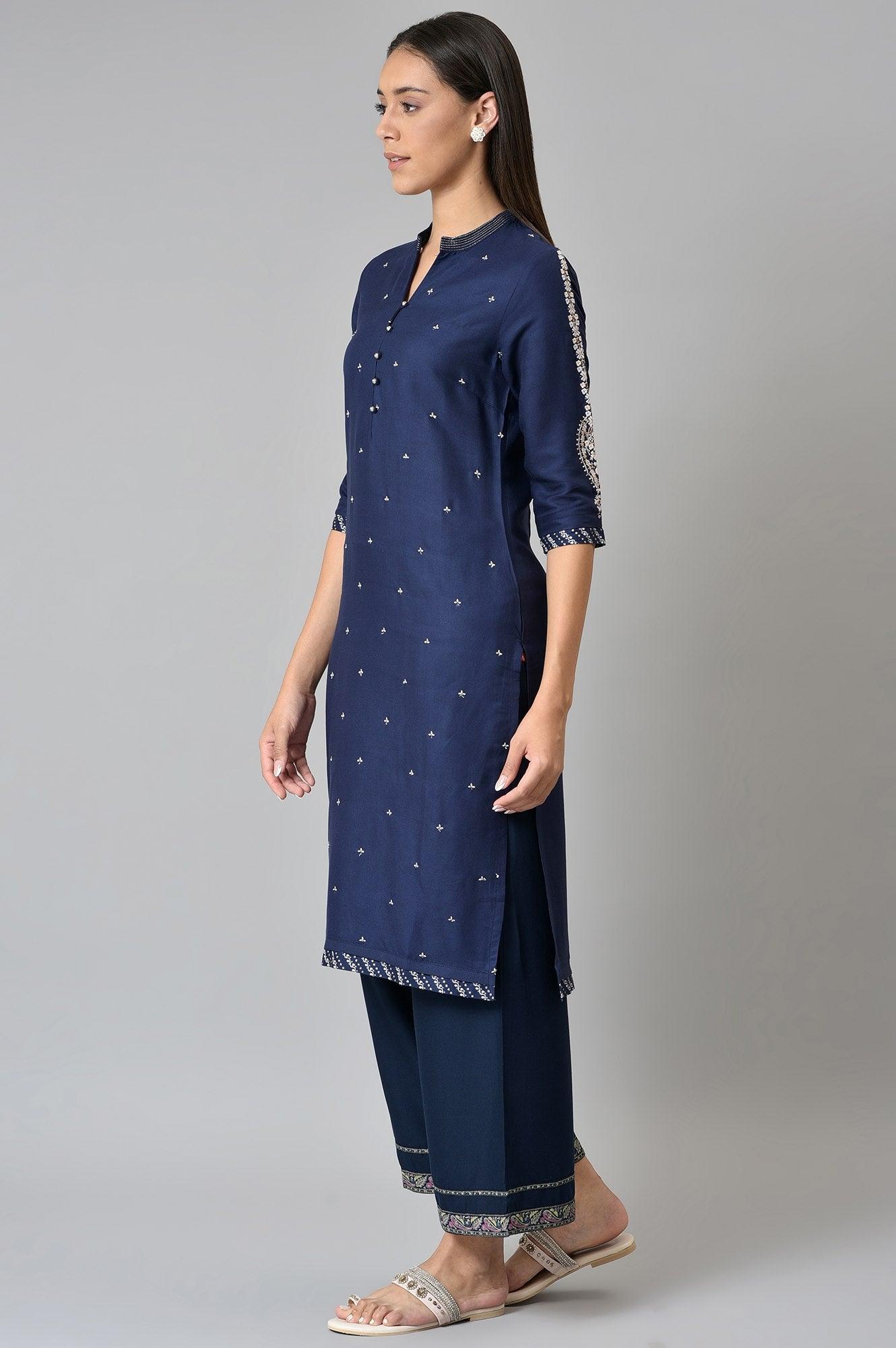 Blue Metallic Embroidered Button Down kurta - wforwoman