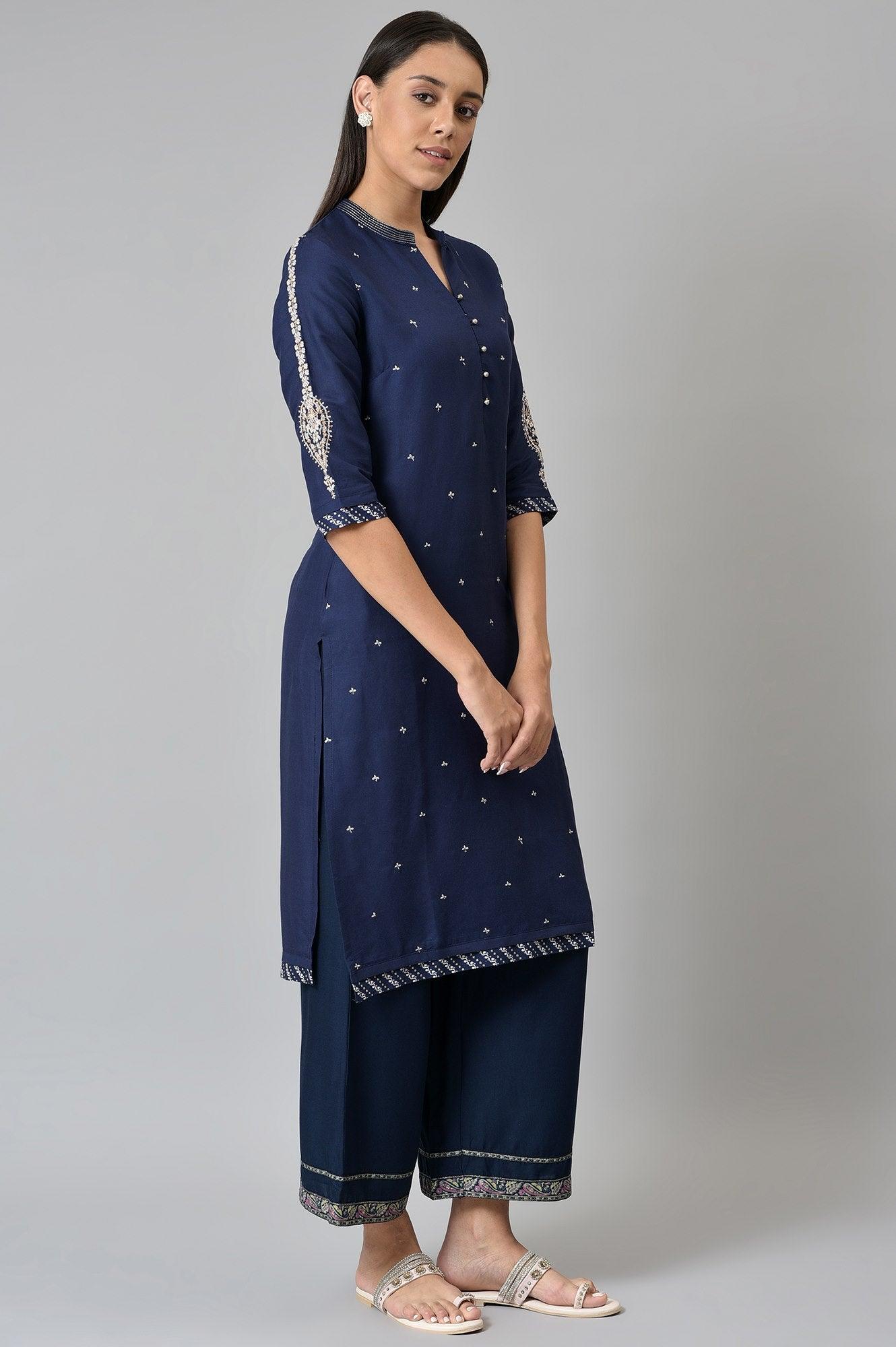 Blue Metallic Embroidered Button Down kurta - wforwoman