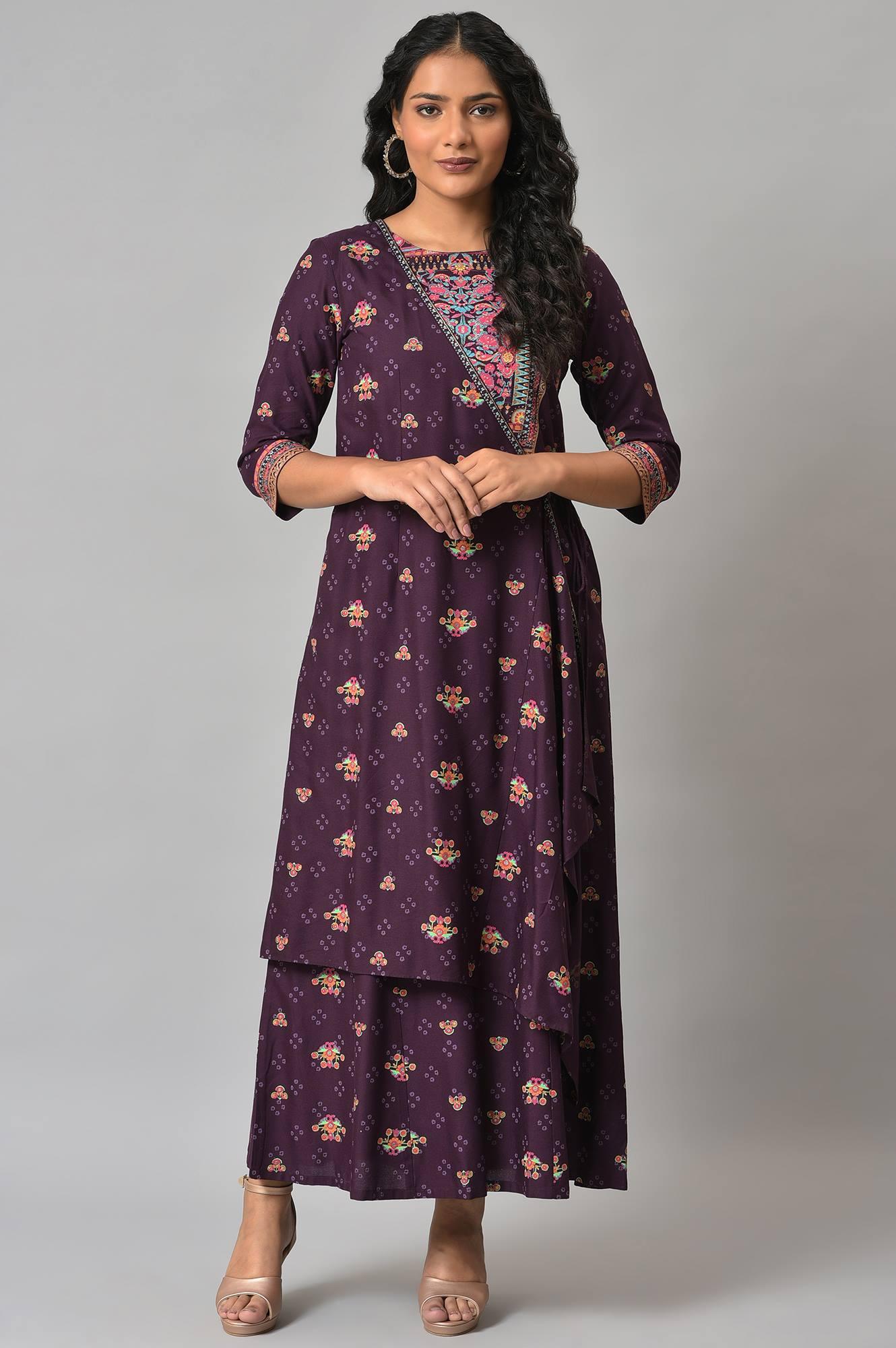 Dark Purple Printed Angrakha Jumpsuit - wforwoman