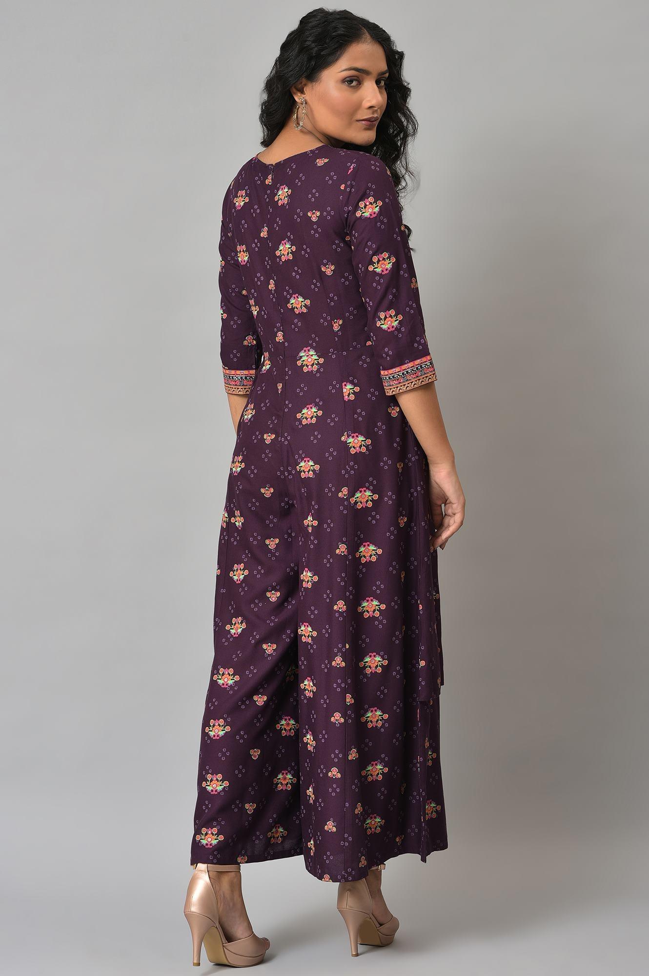 Dark Purple Printed Angrakha Jumpsuit - wforwoman
