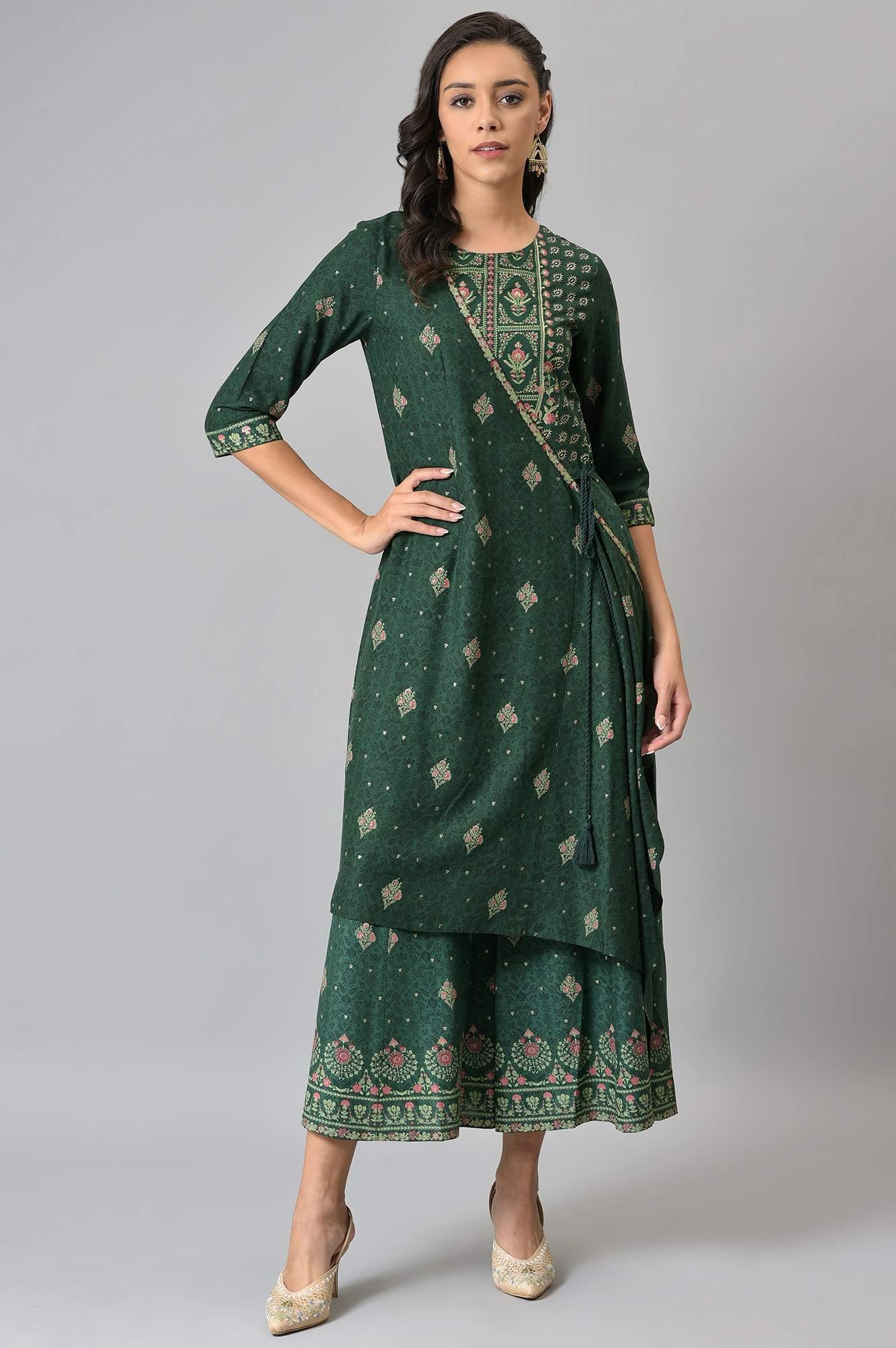 Green Glitter Printed Angrakha Jumpsuit - wforwoman