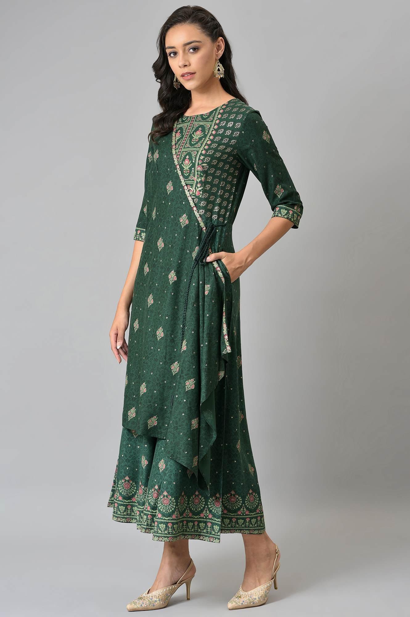 Green Glitter Printed Angrakha Jumpsuit - wforwoman