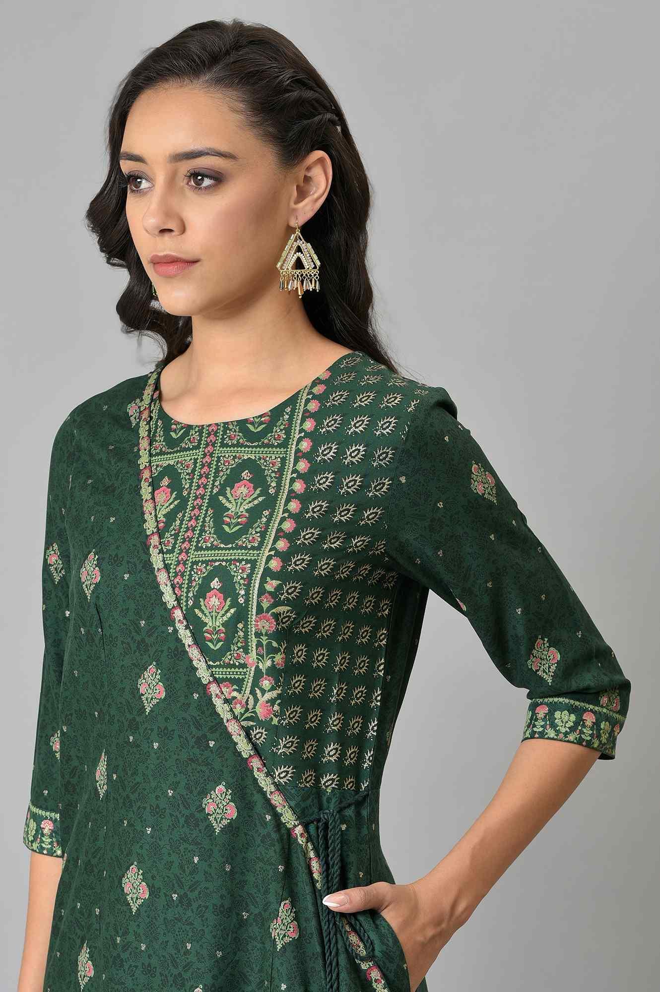 Green Glitter Printed Angrakha Jumpsuit - wforwoman