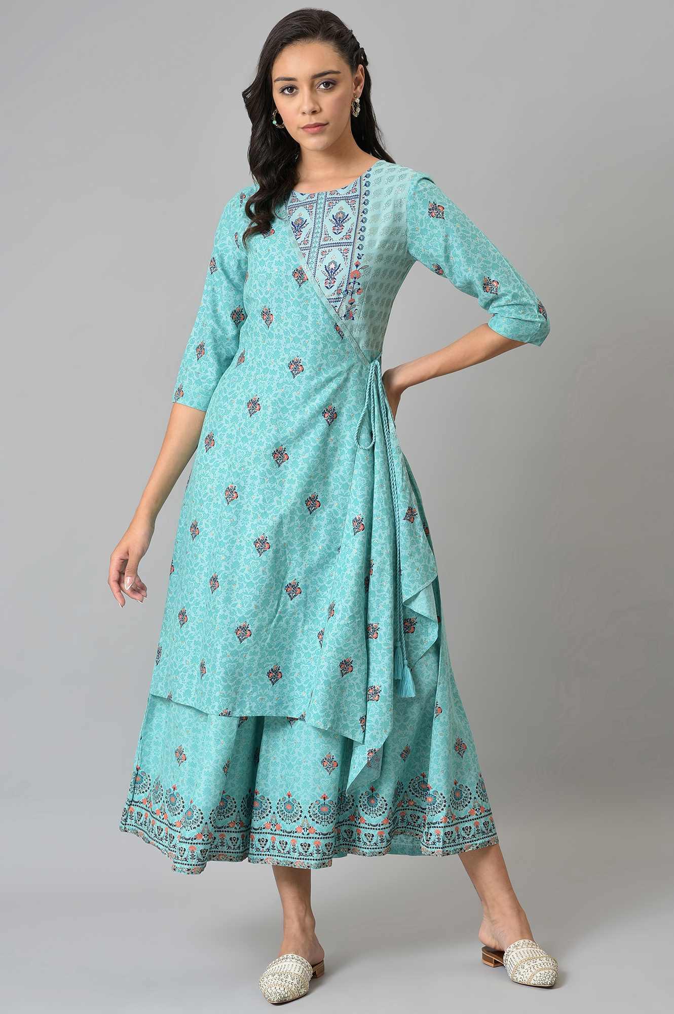 Light Blue Glitter Printed Angrakha Jumpsuit - wforwoman