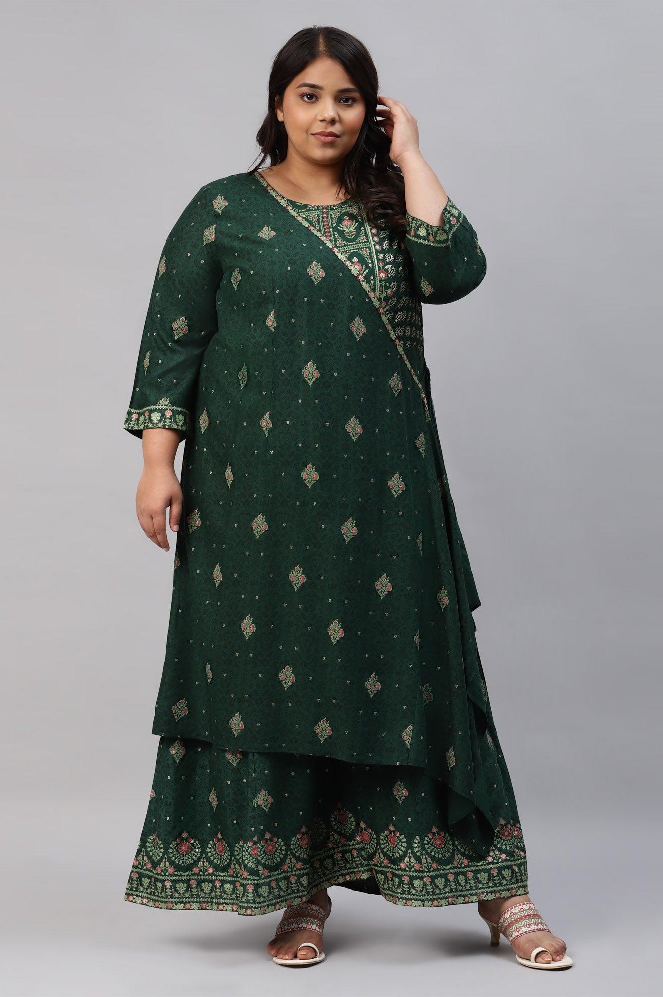 Green Glitter Printed Angrakha Plus Size Jumpsuit - wforwoman