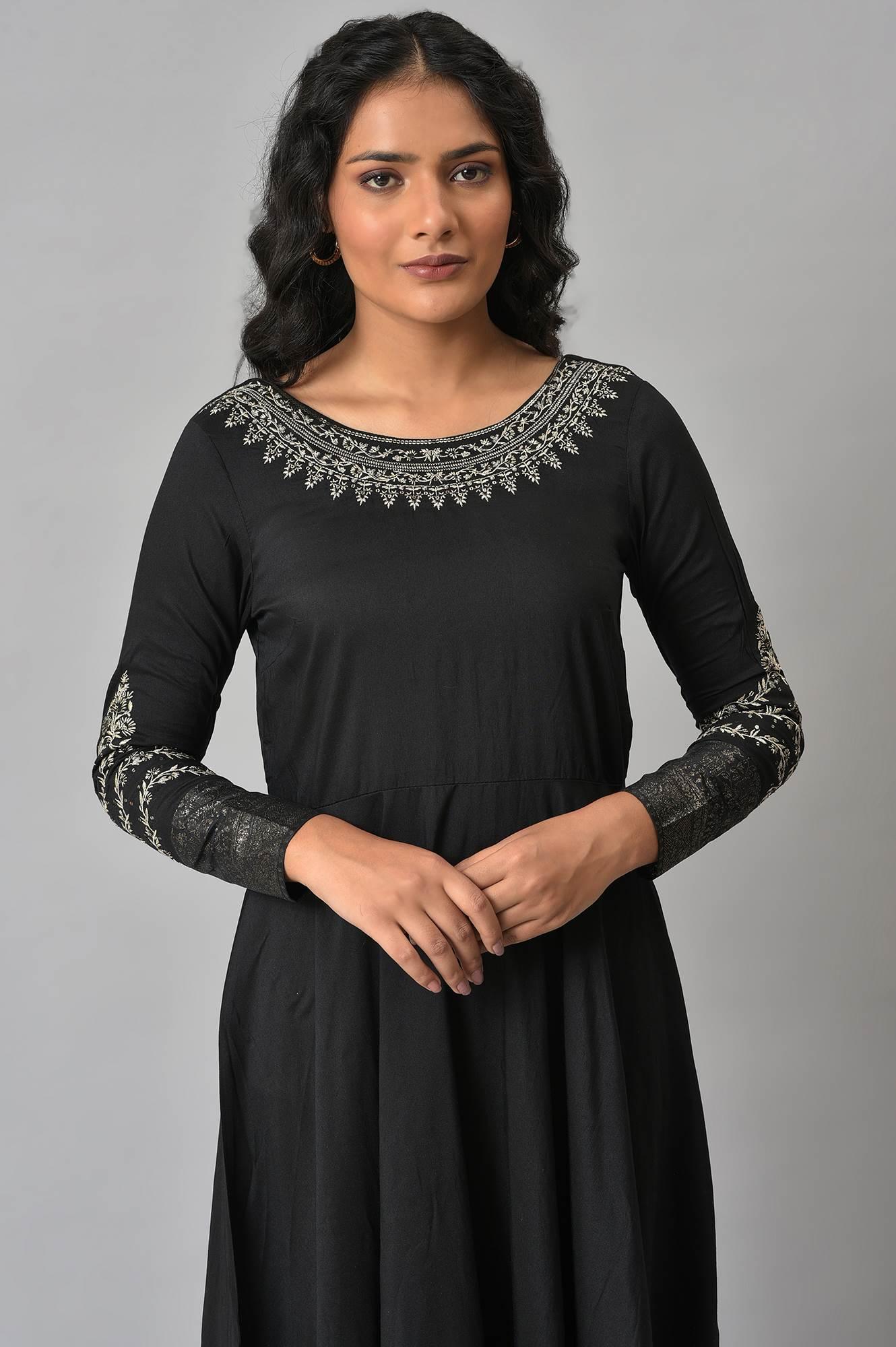 Black Glitter Printed And Embroidered Dress - wforwoman