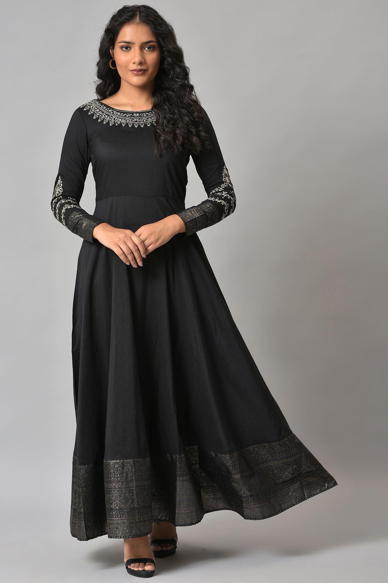 Black Glitter Printed And Embroidered Dress - wforwoman