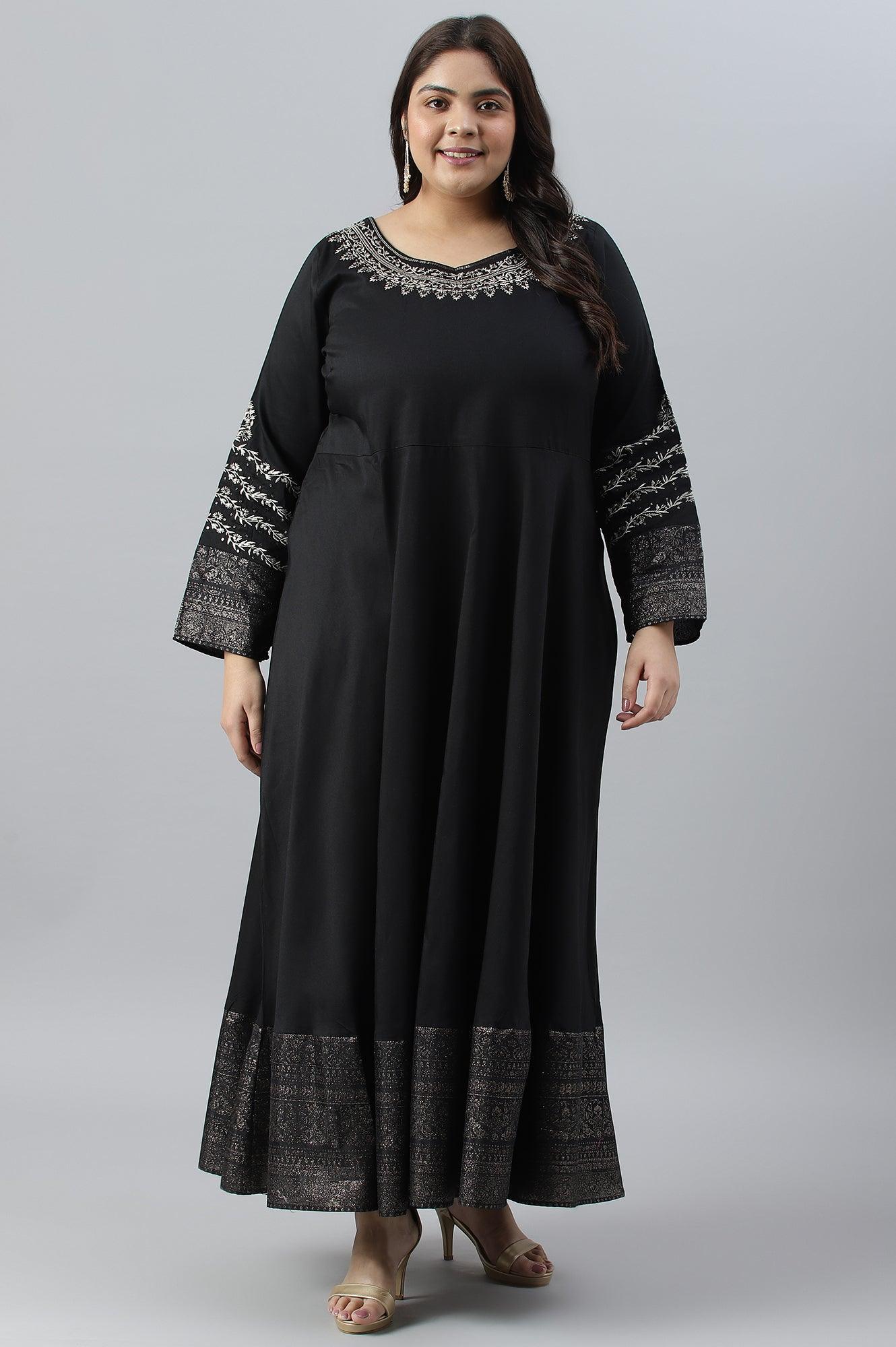 Black Glitter Printed And Embroidered Plus Size Dress - wforwoman