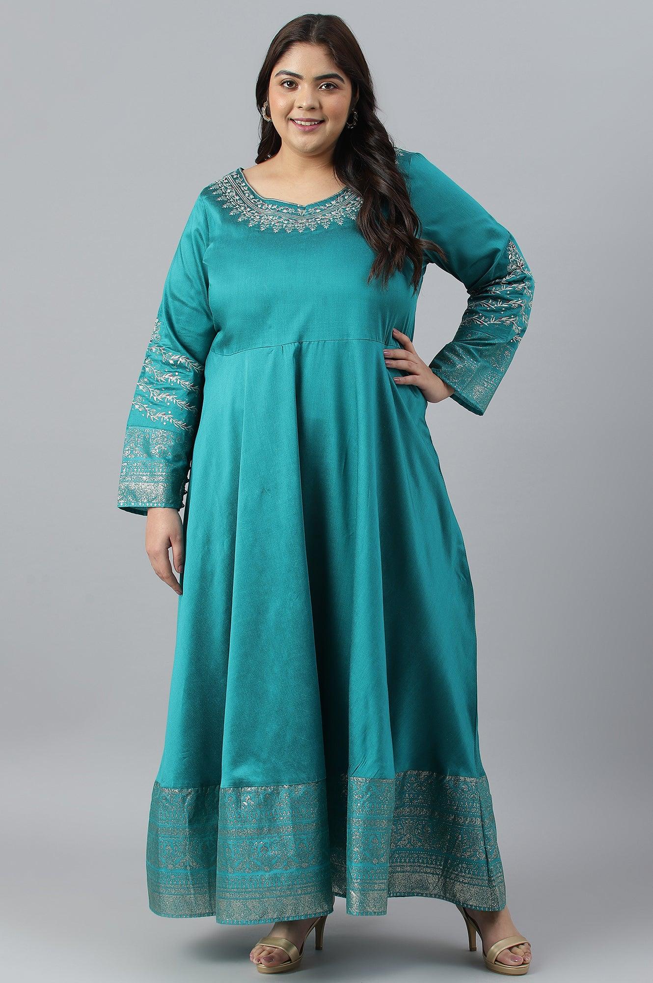 Teal Blue Glitter Printed And Embroidered Plus Size Dress - wforwoman