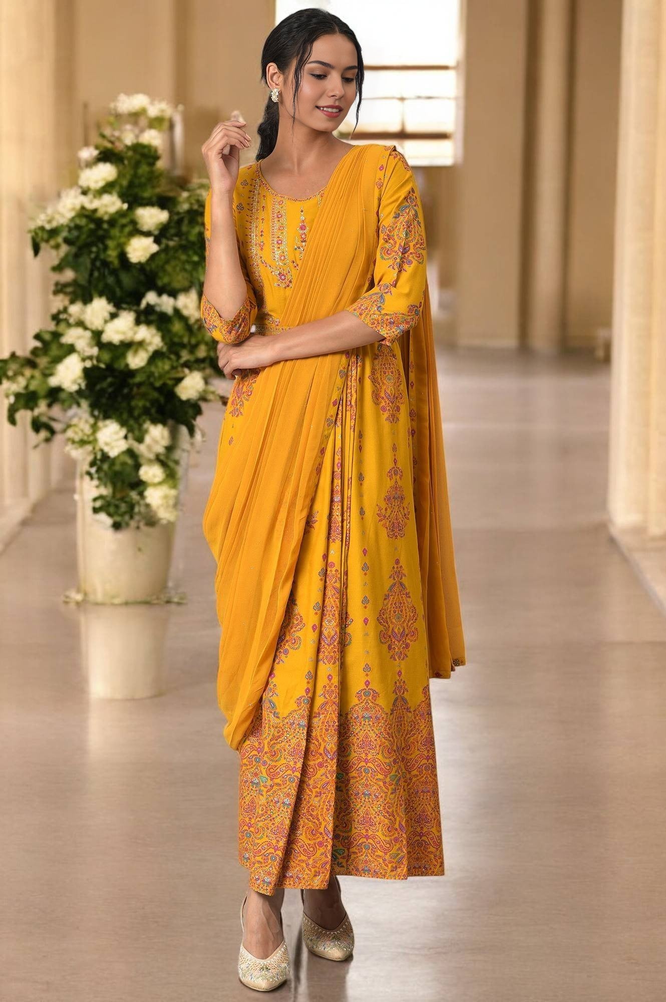 rose embroidered bodycon dress Mustard Yellow Anarkali set. – Shyam Narayan Prasad main image 1